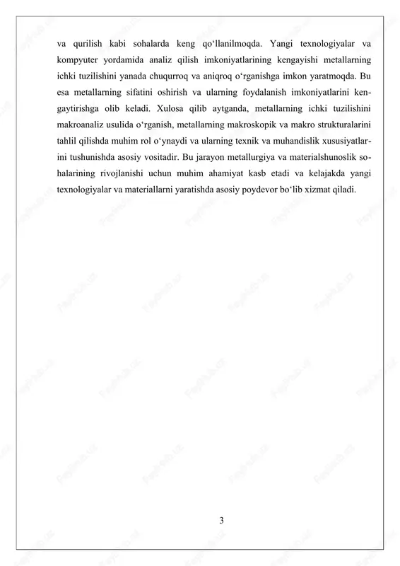o’tkazuvchanligi kiradi. bu parametrlar metallarning ishlash qobiliyatini, quvvatini va xizmat muddati bilan to’g’ridan-to’g’ri bog’liqdir. makroanalizda ishlatiladigan texnologiyalar va usullar juda keng bo’lib, ularning ichida vizual tekshirish asosiy o’rinni egallaydi, lekin zamonaviy texnologiyalar, masalan rentgenografiya, ultrasonik tekshirish va magnit rezonans usullari metallarning makro tuzilishini chuqurroq va aniqroq tahlil qilish imkonini beradi. rentgenografiya yordamida metall ichidagi yoriqlar, poralar va qatlamlar aniq aniqlanadi. ultrasonik usul esa metall ichidagi buzilish va nuqsonlarni tez va samarali topishga yordam beradi. magnit rezonans texnologiyasi esa metall ichki strukturalarni, jumladan, yoriqlar va qatlamlarni, yuqori aniqlik bilan ko’rsatadi. makroanaliz natijalari metallning fizik-kimyoviy xususiyatlarini baholashda muhim ahamiyatga ega. masalan, makro tuzilmani tahlil qilish orqali metallning qattiqligi va zichligi, issiqlik o’tkazuvchanligi va mexanik kuchlanishlarga chidamliligi haqida ma’lumot olinadi. bu xususiyatlar metallning ishlash sharoitlariga mos kelishini va ehtimoliy buzilishlar yoki buzilish turlarini oldindan aniqlashda yordam beradi. shu bilan birga, makro tuzilma metallning ichki strukturaviy xususiyatlari bilan bog’liq bo’lib, u yoriqlar, poralar, qatlamlar …