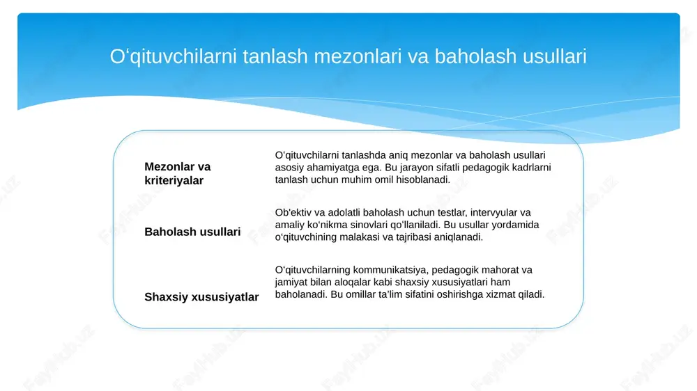 i. amaliy mashg'ulotlar kurslar davomida amaliy mashg'ulotlar va seminarlar tashkil etiladi, bu esa o'qituvchilarga nazariy bilimlarni real sharoitda qo'llash va tajriba orttirishga yordam beradi. oʻqituvchilarni tayinlashda malakaga asoslangan tanlov va professional rivojlanish yondashuvlari 01 malakaga asoslangan tanlov oʻqituvchilarni tayinlashda malaka va tajribaga asoslangan tanlov jarayoni muhim bo‘lib, ularning kasbiy kompetensiyalarini aniqlash va baholashga imkon yaratadi. bu yondashuv sifatli ta’limni ta’minlashda asosiy rol oʻynaydi. 02 kasbiy rivojlanish strategiyalari oʻqituvchilar uchun muntazam malaka oshirish kurslari va zamonaviy pedagogik treninglar malakani rivojlantirishga yordam beradi, ular innovatsion yondashuvlarni qo‘llash imkonini beradi. bu orqali pedagoglarning professional darajasi oshadi. 03 rivojlanish va tayinlash jarayoni malaka va tajribaga asoslangan tanlov, shuningdek, pedagoglarning kasbiy rivojlanishini hisobga olgan holda, tayinlashda adolatli va samarali tizim yaratishga xizmat qiladi. bu jarayon ta’lim sifatini oshirishga yordam beradi. oʻqituvchilarni tayinlash jarayonining asosiy qoidalari va tartiblarini tahlil qilish. 01 tayinlash jarayonining asosiy qoidalari tayinlashda shaffoflik va adolat asosiy tamoyil bo‘lib, har bir bosqich aniq …