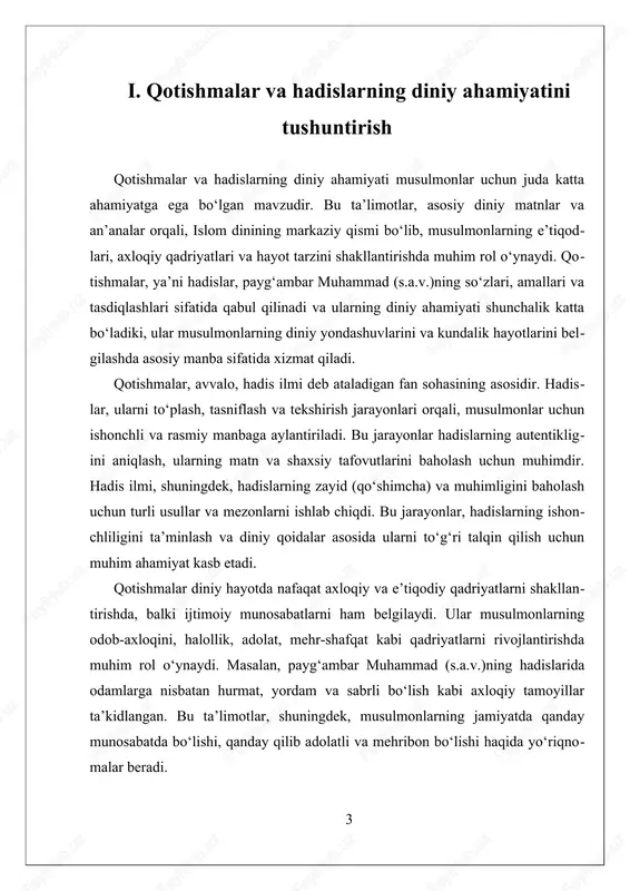 mon avlodlari tomonidan to‘plangan va yozma shaklga kiritilgan. bu jarayon, asosan, buxoro, samarqand, madrasalar va boshqa muhim diniy markazlarda amalga oshirilgan. ular, hadislarning asl shakli va mazmunini saqlab qolishga harakat qilgan va ularni keyingi avlodlarga yetkazish uchun yozma shaklda yozib qoldirganlar. bu yondashuv, hadislarning avloddan-avlodga o'tkazilishini ta’minlagan va ularning aniq va ishonchli bo‘lishini ta’minlashga xizmat qilgan. zamonaviy davrda, hadislarni o‘rganish uchun ko‘plab akademik va ilmiy markazlar faoliyat yuritmoqda. bu markazlar, hadislarning tarixiy, lingvistik va kontekstual tafsilotlarini o‘rganadi. bu yondashuvlar, hadislarning asl shakli va ma’nosini aniqlashda muhim yordam beradi va zamonaviy musulmonlar uchun ularning to‘g‘ri talqinini ta’minlaydi. bular bilan birga, hadislar va qotishmalar bilan bog‘liq muhokamalar ham mavjud bo‘lib, ular hadislarning autentikligi, matnlarning madaniy va shaxsiy tafovutlari bilan bog‘liq muammolarni o‘z ichiga oladi. shu bilan birga, qotishmalar va hadislarning diniy ahamiyatini tushunishda, ularning shaxsiy va madaniy tafovutlarni qanday hisobga olishini ham e’tiborga olish zarur. bu tafovutlar, hadislarning turli madaniyatlar va davrlarda …