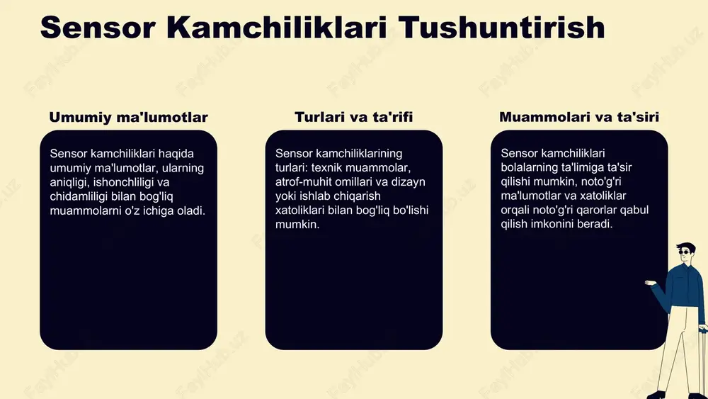b o'rtasida samarali hamkorlik uchun shartlar: muntazam uchrashuvlar, telefon va elektron xabarlar orqali aloqa. ta'lim muassasalarida oila ishtirokini ta'minlash uchun seminarlar, treninglar va maxsus texnologiyalardan foydalanish. oila va maktab o'rtasida doimiy aloqa uchun maxsus platformalar, masalan, mobil ilovalar yoki ijtimoiy tarmoqlarni joriy etish. bu shartlar, ayniqsa, sensor buzilishlari bo'lgan bolalar uchun, ularning ehtiyojlariga moslashtirilgan bo'lishi kerak. individga moslashtirilgan ta'lim muhiti ta'lim muhitining ahamiyati: har bir bolaga moslashtirilgan muhit ularning o'qish samaradorligini oshiradi. individuaga moslashtirish tamoyillari: ehtiyojlar, qobiliyatlar va qiziqishlarga moslashuvchan metodlar. sensor kamchiliklari bo'lgan bolalar uchun muhit: maxsus texnologiyalar va individual yondashuvlar. bunday muhitlar bolalarning rivojlanishini qo'llab-quvvatlab, jamiyatga integratsiya imkonini yaratadi. ta'lim moslashtirish ta'lim muvofiqligini ta'minlash uchun dasturlarni bolalarning ehtiyojlariga moslashtirish muhimdir. bu, ularning sensor kamchiliklari va individual rivojlanish xarakteristikalariga asoslangan. moslashtirilgan ta'limda texnologik vositalar va interaktiv metodlar keng qo'llaniladi. individual yondashuv o'quv jarayonida individual yondashuvning asosiy tamoyillari bolalarning qobiliyatlari va ehtiyojlarini hisobga olishdir. bu yordamida, har bir bola uchun …