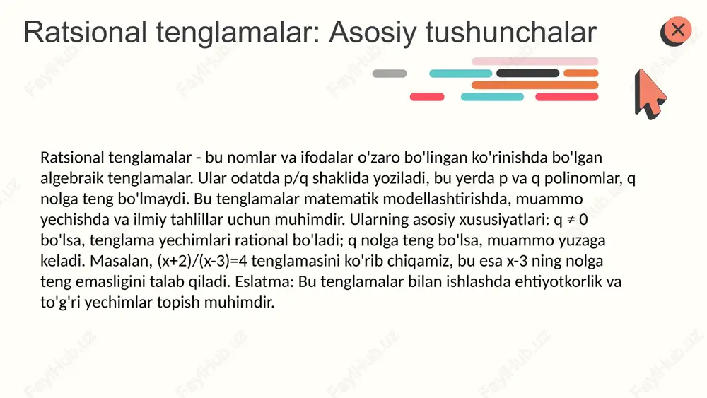 h kuchayadi. o'qituvchi muhokama va ishtirokni rag'batlantirib, fikrlash va tahlil qilish ko'nikmalarini rivojlantiradi. amaliy misollar bilan o'qitishning afzalliklari o'qitish jarayonida amaliy misollarni baholash o'qitish jarayonida misollarni baholash mezonlari muhim ahamiyatga ega. bu mezonlar o'quvchilarning tushunishini, yechimlarni to'g'riligi va metodikani to'g'ri qo'llashini aniqlash uchun ishlatiladi. o'quvchilarning natijalarini tahlil qilishda ularning yechimlarida mavjud bo'lgan xatoliklar, yechimlar tezligi va metodikani tushunish darajasi hisobga olinadi. bu tahlil o'qituvchilarga o'qitish usullarini takomillashtirishda yordam beradi. kelajakda amaliy misollarni takomillashtirish uchun o'qituvchilar o'quvchilarning baholash natijalariga asoslanib, misollarni qiyinligi va mavzuga mosligini oshirish yoki kamaytirish, shuningdek, yangi metodlarni joriy qilishga harakat qilishadi. talabalar uchun muhim tushunchalar ratsional tenglamalar o'qitishda asosiy tushunchalar: ularning ta'rifi va xususiyatlari, misollar bilan tushuntirish. bu talabalar uchun muhim bo'lib, tushunishni mustahkamlaydi. tushunchalarni to'g'ri tushunish va amaliyotda qo'llash muhim. masalan, tenglamaning yechimlar to'plamini va xususiyatlarini aniqlash, yechish qadamlarini o'zlashtirish. bu bilimlarni kuchaytiradi. o'qitishda tushunchalarning ahamiyati: ular yordamida muammoni tahlil qilish, tenglamalarni hal qilish va amaliy …