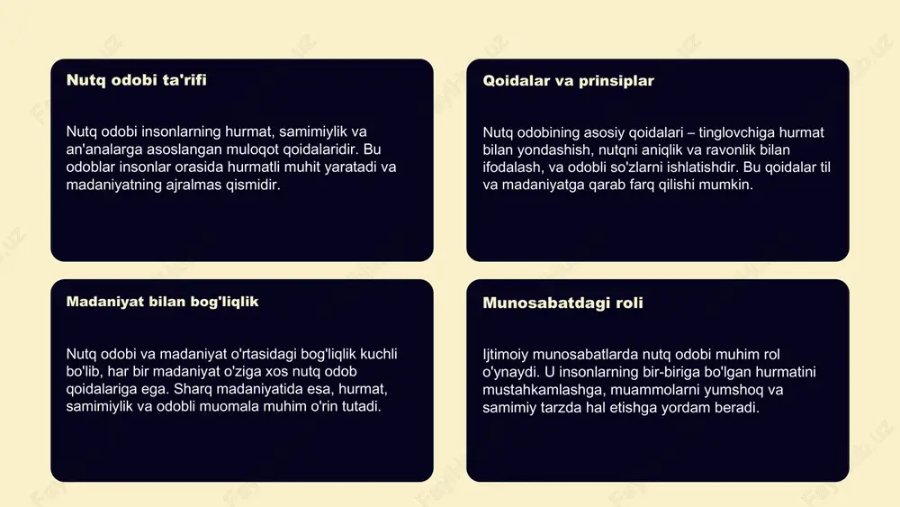 rnal, 2020. 3. qosimov, m. nutqiy vaziyatlar va ularni boshqarish usullari. o‘zbekiston milliy universiteti nashriyoti, 2019. 4. yusufov, s. nutq odobi: amaliy misollar va rivojlantirish usullari. xalqaro muloqot va madaniyat, 2021. 5. toshkent davlat sharqshunoslik instituti. sharq nutqi va madaniyat. toshkent: sharq nashriyoti, 2017. e'tiboringiz uchun rahmat! designed by slides carnival image1.png image2.png image6.png image7.png image13.jpg image14.jpg image12.png