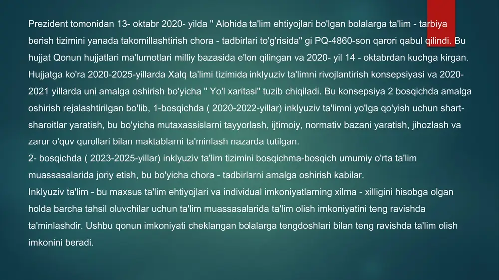 iv muhitda boshqalagdan o'zini kam his qilmasligi, jismoniy imkoniyati cheklanganidan siqilmasligi uchun sharoit yaratish muhim. stadionda boshqa^ bilan yugurayotgan zaif ko'mvchi bola kimgadñ turtilib ketsa, boshqa bolalar uning ustidan kulishlari kerak emas. agar kimdir masxara qiladigan bo'lsa, bola batta- o'z qobig'iga o'ralib oladi. ko'ngli cho'kadi, o'qishga bo'lgan ishtiyoqi so'na boshlaydi, alamzada bo'lib qoladi". «davolash imkoni bo‘lmagan bolalarga esa ko‘zning noto‘g‘ri rivojlanishi bilan bog‘liq asoratlardan qochishda yordam beriladi. bugun toshkentga jizzaxdan 11 nafar jasur va qat’iyatli bemorlar olib kelindi. ularning to‘qqiz nafarida jarrohlik amaliyoti o‘tkaziladi, ikki nafariga esa ko‘z protezlari qo‘yiladi. jami 478 nafar bola operasiya qilinib, ularda 630 ta jarrohlik amaliyoti o‘tkaziladi. biz har bir bola uchun kurashamiz va ularga yordam berish uchun barcha imkoniyatlarni ishga solamiz», deb yozadi saida mirziyoyeva. shunday vaziyatda 86 ta ixtisoslashtirilgan maktabda 21,2 mingdan ortiq, sanatoriy turdagi maktab-internatlarda 6,1 mingdan ortiq, uy sharoitida esa 13,3 ming nafar o‘quvchi uyda ta'lim oladi. 2020 yil statistikasiga ko‘ra, …