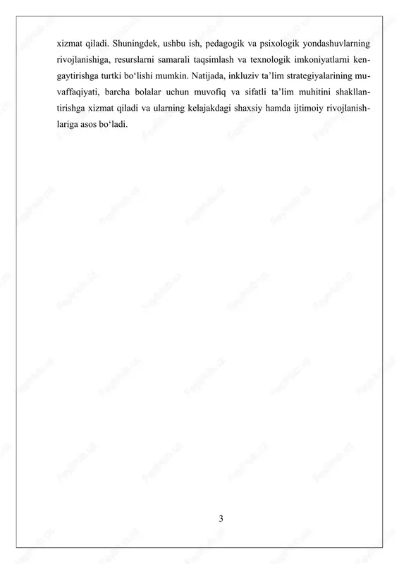 ri — individual yondashuvdir. bu yondashuvda, har bir bolaning ehtiyojlari va imkoniyatlari hisobga olinib, individual ta'lim rejalari ishlab chiqiladi. bu rejalarda, bolalarning intellektual, psixologik va ijtimoiy rivojlanish darajalariga mos keladigan metodlar va texnologiyalar qo‘llaniladi. masalan, moslashtirilgan ta'lim dasturlari, vizual va auditoriy texnologiyalari, shuningdek, interaktiv o‘quv vositalari keng qo‘llaniladi. bu usullar yordamida, bolalarning o‘quv jarayoniga faollik bilan qatnashishi va muvaffaqiyatga erishishi ta'minlanadi. inkluziv ta'lim strategiyalarining muhim qismi — keng qamrovli ta'lim va texnologik imkoniyatlarning integratsiyasidir. bu, ya'ni, zamonaviy ta'lim texnologiyalari yordamida, maktablarning infratuzilmasi va pedagoglarning malakasi oshiriladi. masalan, raqamli ta'lim platformalari, onlayn kurslar va interaktiv ta'lim dasturlari orqali, bolalarning ehtiyojlariga moslashtirilgan ta'lim muhitini yaratish mumkin. bu, ayniqsa, resurslar cheklangan hududlarda va maktablarda muhim ahamiyatga ega bo‘lib, ularning imkoniyatlarini kengaytiradi. inkluziv ta'limda muhim omil — pedagoglarning tayyorgarligi va malakasidir. pedagoglar, individual ehtiyojlarni aniqlash, moslashtirilgan metodlarni qo‘llash va texnologik vositalardan samarali foydalanish uchun maxsus tayyorlanishi zarur. bu jarayon, pedagoglarning malakasini oshirish uchun seminarlar, …