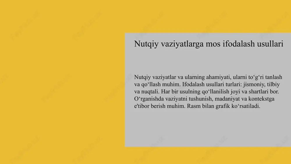 ndalik hayotga tatbiq qilish tavsiyalar. (taxminan 400 harf) photo by sven brandsma on unsplash foydalanilgan adabiyotlar 1. o‘zbekiston milliy universiteti. nutqshunoslik va pedagogika fakulteti. nutq rivojlantirish va moslashuvchanlikni shakllantirish usullari. toshkent, 2020. 2. saidov a. nutqni rivojlantirish bo‘yicha amaliy metodlar. o‘zbekiston ta’lim nashriyoti, 2019. 3. qodirov r. nutq o‘rgatish texnologiyalari va metodikalari. toshkent davlat universiteti, 2021. 4. mustafaev b. nutqiy moslashuvchanlik va yozish ko‘nikmalarini rivojlantirish. pedagogika va psixologiya jurnali, 2022. 5. zafarov s. real hayotdagi vaziyatlarga mos yozish va ifodalash amaliyotlari. o‘zbekiston pedagogika maktabi, 2018. e'tiboringiz uchun rahmat! designed by slides carnival image1.png image2.png image3.png image4.png image5.png image6.png image7.png image26.jpg image27.jpg image9.png image10.png image28.jpg image25.png image17.png image18.png image19.png image20.png image21.png image22.png image23.png image24.png