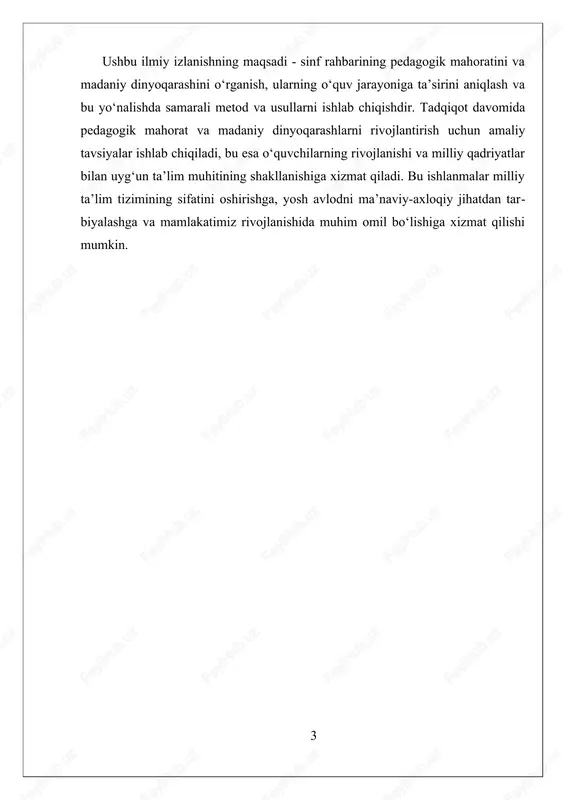 ng fikrlash va tahlil qilish qobiliyatlarini rivojlantiradi. pedagogik mahoratni rivojlantirishda pedagogik nazariyalar muhim rol o‘ynaydi. constructivizm nazariyasi o‘quvchilarga mustaqil fikrlash va muammo yechish qobiliyatlarini shakllantirishda yordam beradigan yondashuvlarni taklif etadi. behaviorizm esa, o‘quvchilarga belgilangan maqsadlar asosida motivatsiya va taqdirlash tizimlarini ishlab chiqishga imkon beradi. socio-cultural yondashuv esa, o‘qituvchining ijtimoiy va madaniy muhit bilan integratsiya qilingan pedagogik usullarga urg‘u beradi. bu nazariyalar o‘qituvchining pedagogik mahoratini kengaytirish va amaliyotda qo‘llash uchun asos bo‘lib xizmat qiladi. shuningdek, pedagogik mahoratning amaliy jihatlari sinfda muhitni tashkil qilish, o‘quvchilarning ijtimoiy va ma’naviy qobiliyatlarini rivojlantirish uchun muhimdir. o‘qituvchining kommunikatsiya qobiliyati, ya’ni, samarali muloqot qilish, tushunishni ta’minlash va muammolarni hal qilish ko‘nikmalari, pedagogik mahoratning ajralmas qismidir. bu bilan birga, texnologiyalardan foydalanish, innovatsion metodlarni joriy qilish va o‘quv jarayonini dinamik va qiziqarli qilish muhim ahamiyat kasb etadi. pedagogik mahoratni o‘quvchilarning ehtiyojlari va zamonaviy pedagogik talablarga moslashtirish uchun pedagoglarga doimiy ravishda malaka oshirish va tajriba almashish imkoniyatlari yaratib berilishi lozim. …