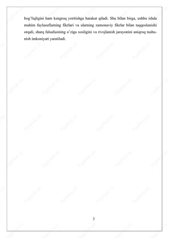 an. u olamning birligi va uning ildizlari haqida fikr bildirgan bo‘lib, insonning maqsadlari va axloqiy tamoyillarni ilohiy tamoyillar bilan bog‘lagan. bu g‘oyalar, shuningdek, ibn sino (avicenna) va gazali singari buyuk faylasuflar tomonidan rivojlantirilgan bo‘lib, ular olam va inson mohiyatini tushunishda muhim rol o‘ynagan. yana bir muhim g‘oya – axloq va etika muammosi bo‘lib, u falsafa va diniy hayotning ajralmas qismi hisoblanadi. sharq falsafasida axloqiy tamoyillar insonning hayoti va jamiyatda qanday yashashiga oid asosiy yo‘nalish sifatida qaraladi. bu g‘oyalar ayniqsa, gazali va boshqa faylasuflar tomonidan rivojlantirilgan bo‘lib, ular insonning ruhiy holati, axloqiy qadriyatlar va ilohiy tamoyillar bilan bog‘liqligini ta’kidlagan. bu muhokamalar, asosan, axloqiy bilim va amallarni ilohiy ma’qullash, insonni yuksaltirish va uni haqiqiy maqsadga yetaklashga qaratilgan. ilk o‘rta asr sharq falsafasi, shuningdek, olam va insonning mavjudligini tushunishda mantiq va ilm-fanga katta ahamiyat bergan. bu davrda mantiq va ilmiy fikrlash rivojlanib, falsafa va ilm-fanning bir-biri bilan uzviy bog‘liqligi ta’kidlangan. aristotel va yunon …