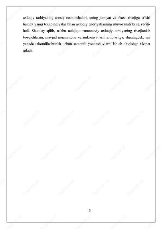 dunyo mamlakatlari va madaniyatlari o’rtasida muloqot davom etar ekan, bir-birining axloqiy qadriyatlarini tushunish va qabul qilish jarayoni kengaymoqda. bu esa, o’z navbatida, insonlararo hurmat va bag’rikenglikni mustahkamlashga yordam beradi. shuningdek, zamonaviy axloqiy tarbiyada yoshlarni jismoniy, ma’naviy va axloqiy rivojlantirishga katta e’tibor qaratiladi. bu jarayonlarda ta’lim tizimi, oilalar va jamoat tashkilotlari muhim rol o’ynaydi. zamonaviy axloqiy qadriyatlar, shuningdek, insonlarning shaxsiy erkinliklari va huquqlarini hurmat qilishni nazarda tutadi. bu qadriyatlar, ayniqsa, inson huquqlari va erkinliklarini ta’minlash bilan bog’liq bo’lib, jamiyatda adolatli va barqaror muhitni shakllantirishga xizmat qiladi. shu bilan birga, texnologik rivojlanishlar va global muhitda yuzaga kelayotgan muammolar, axloqiy qadriyatlarning yangi talablarga javob berishini talab qilmoqda. bu esa, axloqiy qadriyatlarni dinamik tarzda rivojlantirish va yangilashni taqozo etadi. zamonaviy axloqiy qadriyatlarni shakllantirishda ta’lim muassasalari muhim rol o’ynaydi. o’quv yurtlarida axloqiy qadriyatlarni chuqur o’rgatish, yoshlarning axloqiy ongini kengaytirish va ularni mas’uliyatli insonlar sifatida tarbiyalash uchun muhimdir. bu jarayonda, shuningdek, jamoatchilik va oilalar ishtiroki muhim …