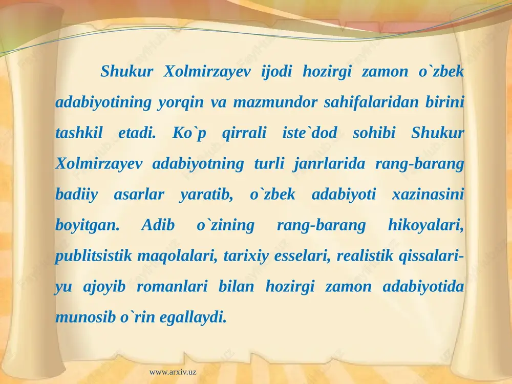 hozirgi hayotning mohiyati, murakkabliklari, ziddiyatlari, qiyinchiliklari to`g`risidagi shafqatsiz haqiqatni ifodalashga intildi. shukur xolmirzayev asarlari www.arxiv.uz to`lqinlar o`n sakkizga kirmagan kim bor... hayot abadiy so`nggi bekat yo`llar, yo`ldoshlar bodom qishda gulladi qil ko`prik og`ir tosh ko`chsa e`tiboringiz uchun raxmat www.arxiv.uz image3.jpeg image4.jpeg image5.png image6.jpg image2.jpg /docprops/thumbnail.jpeg