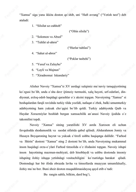 n iborat, deb aytadi. chunki ilohiy ishq yuragiga olov solgan odamning nasibasi hijron qiynoqlari; u o`zi bilan iloh orasida to`siq bo`lib turgan dunyo va jismdan qutilish iztiroblarini chekishi shart. hoqon doimiy egaligin, hazin yurgan o`g’lining ko`nglini ko`tarish maqsadida har xil tadbirlar qo`llaydi (tomoshalar uyushtiradi, 4 ta qasr qurdiradi, tabibga ko`rsatadi). bu orqali navoiy ilohiy ishq dardida yongan odam bilan “foniy dunyo” kishilari o`rtasidagi farqni ko`rsatib bergan. farhodning o`zligini anglashi uchun zo`r qobiliyat bilan egallagan bilimlari, qoran va moniydan o`rgangan hunarlari kifoya qilmaydi. u suluk yo`liga kirib, ma`rifat manzillarini bosib o`tishi lozim. farhodning hoqon xazinasidagi ko`zguni bilur sandiqdan ololmay yunoniston safariga suqrot huzuriga otlanishiga zarurat shundan kelib chiqqan. farhod avval sulayho bilan uchrashadi. sulayho – farhodning tariqat yo`lidagi birinchi piri, u suqrot darajasida komil emas. oina sehrini ochishga qurbi yetmaydi. ammo farhodga suqrotga borish yo`lini ko`rsata oladi. sulayho farhodni yengib o`tishi kerak bo`lgan to`siqlarlar-ajdaho va devdan xabar beradi. ajdaho-nafs timsoli, dev-saltanat …