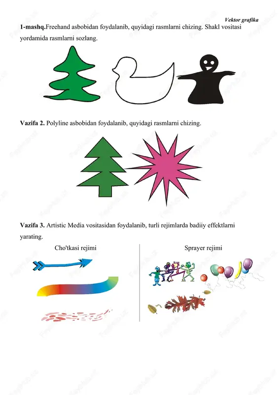 . to'rtburchak chizing. to'rtburchakni tanlamasdan, konvert vositasini yoqing va nok poyasini olish uchun to'rtburchakni o'zgartiring. 4. armutga gradient plomba qo'llang. radial to'ldirish turini tanlang va ikkita gradient aralashmasi rangini o'rnating: ochiq jigarrang va to'q sariq. 5. poyani to'ldiring va uni nok tasviriga o'tkazing. petioleni nok orqasiga qo'ying (tartib olingbuyurtma sahifaning orqasiga). vazifa 2. rasmda ko'rsatilgan gulni chizing. 1. poligon asbobini faollashtiring. xususiyat satrida burchaklar sonini tanlang - 8. ish joyida sakkizburchak - gul asosini chizing. 2. distort vositasini tanlang. asboblar xususiyatlari panelida push va pull distortion rejimini tanlang. kursorni sakkizburchakning o'rtasiga uning chap chetiga yaqinroq joylashtiring va sichqonchaning chap tugmachasini bosib ushlab turing va gul tasvirini olish uchun kursorni harakatlantiring. 3. gulning konturiga doira shaklida o'rtaning tasvirini qo'shing. 4. gulga gradient plomba qo'llang. to'ldirish turini tanlang radial (radial) va gradient aralashmasining ikkita rangini o'rnating: och pushti va to'q pushti. 5. barg tasvirini yarating. buni amalga oshirish uchun ellips chizing va …