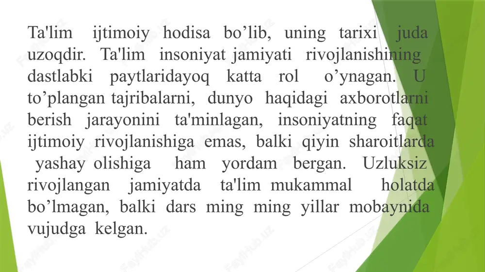 i. ya’ni, bu jarayonda o’quvchilar o’qigan va o’zlashtirgan ma’lumotlarini amalda tadbiq etishadi. hozirgi kunda o’quv muassasalarida ushbu uuldan keng foydalanilmoqda. ko’proq talaba va o’quvchilarning o’zlarinini o’qishga va izlanishga undab, uni amalda dars jarayonida namoyon etishini talab qilgan holda yaxshi natijalarga erishilmoqda. chunki shu narsa ma’lumki, inson eshitgan narsasining 5 % ini, o’qiganining 10% ini tajribada sinab ko’rishi orqali ma’lumotning 40% ini, boshqalarni o’qitish orqali esa 90% ma’lumotni eslab qolishi mumkin ekan. shu sababli dars jarayonida o’quvchilarning mavzu yuzasidan tayyorlanib kelib, shu mavzu bo’yicha o’z sinfdosh va guruhdoshlariga dars o’tib, prezentatsiya qilib bersa, o’z bilimini ham mustahkamlab oladi. o’zbekiston respublikasida ta’lim quyidagi turlarda amalga oshiriladi. ta’lim turlari 1. maktabgacha ta’lim 2. umumiy o’rta ta’lim 3. o’rta-maxsus kasb hunar ta’lim 4. oliy ta’lim 5. oliy o’quv yurtidan keyingi ta’lim 6. kadrlar malakasini oshirish va ularni qayta tayyorlash 7. maktabdan tashqari ta’lim seminar va amaliy-tajriba ishlar shaklidagi mashg'ulotlar. seminar mashg'ulotlari o'quvchilarning mavzudagi muhim …