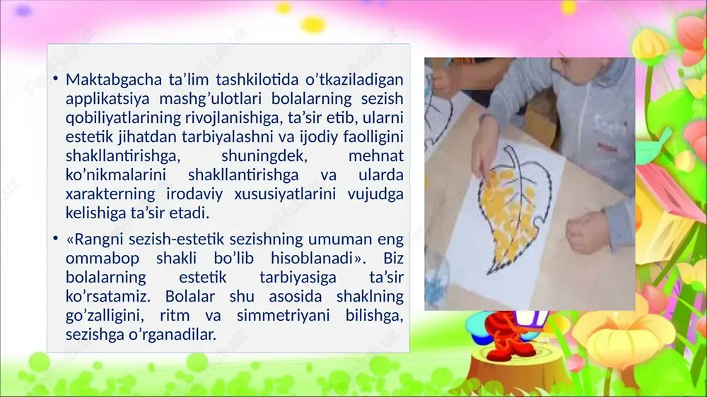 imliklar, barglar, urug'lar va boshqa tabiiy materiallar. poxol (somon). poxol-somondan sanoatda to`qish va dekoratsiya, applikatsiya ishlarida (qutichalar, panellar, qalamdonlar) va shu kabilarga bezak berishda foydalaniladi. bu maqsadda bug'doy, javdar, arpa somonlari ishlatiladi. applikatsiya va bezash ishlarida ishlatishdan oldin somon bog'lami tog'oraga solinib, ustidan qaynoq suv quyiladi va u tog'orada bir sutka saqlanadi. so'ng uni tog'oradan olib, suvi silqitib tushiriladi va har birini uzunasiga o'rtasidan bo'linadi. qirqqanda pastdan yuqoriga qarab qirqiladi. so'ngra somonning qirqilgan tomonini pastga qaratib qo'yib, iliq qilib dazmollanadi. yumshoq rasm. - qo'llar, tasavvur, ijodiy faoliyatni kichik ta'sirchanlikni rivojlantirish; - badiiy did, aniqlik, mukammallikni oshiring. - hunarmandchilik jarayoniga qiziqish bildiring. yumshoq rasm fantaziya, ijodiy salohiyat, hissiyotsional ijodkorlikni rivojlantiradi. bunda nafaqat jun, balki paxta disklaridan ham foydalanishingiz mumkin. bundan tashqari, paxta bo'yalgan bo'lishi mumkin. krigami – bu qog‘ozni yirtish yoki simmetrik qirqish yo‘li bilan yasash yo‘li bilan narsa yasash ma’nosini bildiradi. kirigami yaponcha so'z bo'lib, ikki so'zdan iborat: "toiru "- …
