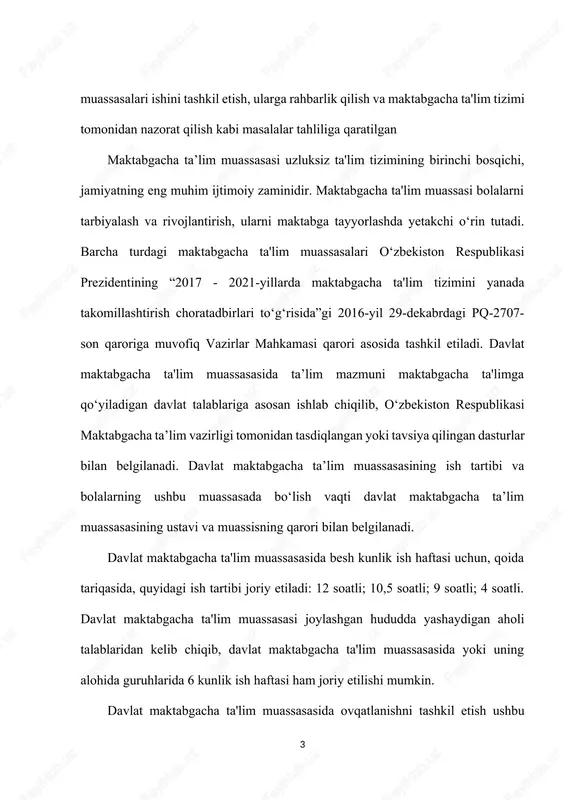 ga rioya qilinishi uchun mas'uldirlar. davlat maktabgacha ta'lim muassasalarida bolalarning hayotini muhofaza qilish va sog‘iig‘ini mustahkamlashni tashkil etish tartibi o‘zbekiston respublikasi maktabgacha ta'lim vazirligi va sog‘liqni saqlash vazirligi tomonidan belgilanadi. davlat maktabgacha ta'lim muassasasining tibbiyot xodimlari faoliyatini nazorat qilish hududiy sog‘liqni saqlash organlari tomonidan amalga oshiriladi. davlat maktabgacha ta'lim muassasasi rahbariyati tomonidan tibbiyot xodimining faoliyat olib borishi uchun zarur shart-sharoitlar (alohida xizmat xonasi, mebel va tibbiy jihozlar, birinchi tibbiy yordam ko‘rsatish uchun zarur bo‘lgan dori-darmonlar) yaratib beriladi. davlat maktabgacha ta'lim muassasasi tibbiyot xodimlarining malakasini oshirish sog‘liqni saqlash tizimidagi malaka oshirish muassasalarida har uch yilda kamida bir marta bepul amalga oshiriladi. o‘tgan davr mobaynida mamlakatimizda o‘sib borayotgan avlodni sog‘lom va har tomonlama yetuk voyaga yetkazish, ta’lim-tarbiya jarayoniga samarali ta’lim va tarbiya shakllari hamda usullarini joriy etishga qaratilgan maktabgacha ta’limning samarali tizimini tashkil etish bo‘yicha keng ko‘lamli ishlar amalga oshirildi. maktabgacha ta’lim sohasida davlat-xususiy sheriklikni rivojlantirish uchun yaratilgan qulay shart-sharoitlar nodavlat maktabgacha …