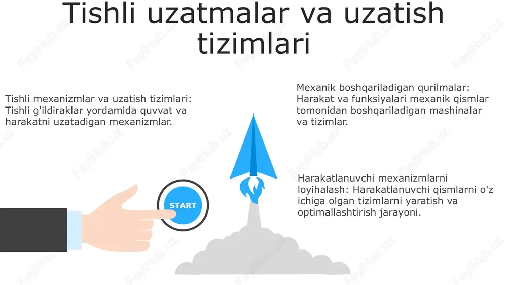 tishli g'ildiraklar va gidravlik tizimlar kabi mexanik printsiplarni qo'llagan holda nazorat qilinadigan va aniq harakatni ta'minlaydigan mashinalar va asboblar. mexanik afzallik va samaradorlik: chiqish kuchining kirish kuchiga nisbati va kirish energiyasining chiqish energiyasiga aylantirilgan foiz nisbati. harakatlanuvchi mexanizmlarni loyihalash: kuch, moment va ishqalanish kabi omillarni hisobga olgan holda, istalgan harakat uchun o'zaro bog'liq qismlardan tizimlar yaratish. izdoshchilar, kamning profili bo'yicha harakatlanuvchi qismlar bo'lib, kamning harakatini istalgan chiqishga o'zgartiradi. kamalar - bu kuzatuvchilarning harakatini boshqaradigan o'ziga xos profilga ega bo'lgan aylanuvchi qismlar. kam va izdoshlar aylanma harakatni chiziqli yoki tebranuvchi harakatga aylantiruvchi mexanizmlardir. aktuatorlar va motorlar harakatlanuvchi mexanizmlarni loyihalash: aktuatorlarni tanlash, bog'lanishlarni loyihalash va harakatni tahlil qilishni o'z ichiga oladi. aktüatorlar va motorlar: energiyani harakatga aylantirib, harakatlanuvchi mexanizmlarni quvvatlantiradi. mexanika: harakat, kuch va energiya fanidir, harakatlanuvchi mexanizmlarni tushunish uchun asos yaratadi. 06 05 04 03 02 savol-javob va munozara. 01 02 mexanika va mexanik nazorat qilinadigan qurilmalar prinsiplarini o'rganish samarali harakat …