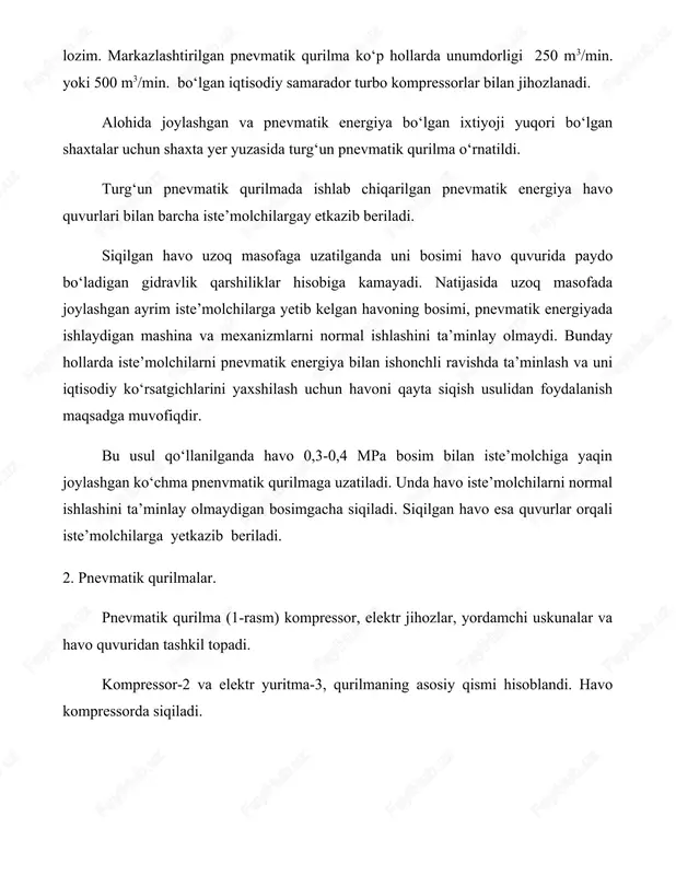 hina zalida bir qator qilib o‘rnatiladi va ularning oralig‘ida 1,5 m masofa qoldiriladi. yordamchi uskunalar (havo tozalagich va havo yig‘gichdan tashqari) binoda, ayrim hollarda esa podvalda o‘rnatiladi. havo tozalagich-1, va havo yig‘gich-6, ko‘p hollarda binoning tashqarisiga chiqarilgan bo‘ladi. havo quvuri havo yig‘gichga bekitgich orqali ulanadi va unga nazorat o‘lchov asboblari o‘rnatiladi. havo yig‘gichga, uni yuqori bosim ta’sirida portlashini oldini olish uchun saqlagich to‘sqichi-8 va binoda qurilma uskunalarini o‘rnatish va ta’mirlashda ishlatiladigan ko‘tarish mexanizmi-9 o‘rnatiladi. atmosferadan so‘rilgan havo, havo tozalagichda-1 changlardan tozalanib kompressorga-2 kiradi. kompressorda havo siqiladi va sovitgichga-4 haydab chiqariladi. unda siqilgan havo sovitiladi va havo moy-pardan tozalagichga-5 o‘tadi hamda moy va parlardan tozalanadi. tozalangan havo, havo yig‘gichda-6 to‘planadi. havo yig‘gichga havo quvuri ulanadi va u orqali siqilgan havo iste’molchilarga yetkazib beriladi. biror sabab bilan ayrim iste’molchilar ishlamay turgan hollarda havo yig‘gichdagi bosim kattalashadi. bu esa havo yig‘gichni portlashiga olib kelishi mumkin. portlashni oldini olish uchun bir qism havoni saqlagich …