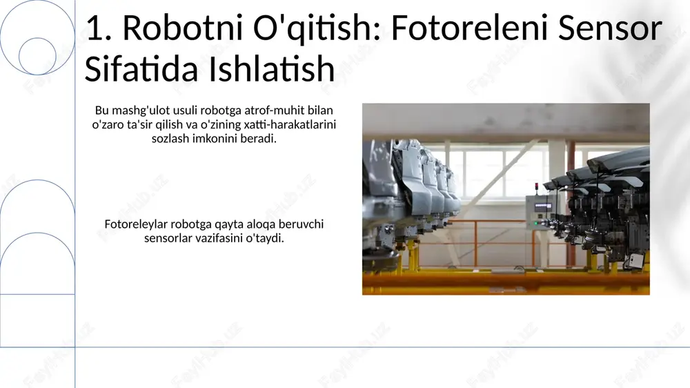 tirish mumkin, bu turli muhitlarda xavfsizlikni oshiradi. avtomatlashtirish: robotlarni ma'lum yorug'lik naqshlariga javob berishga dasturlash mumkin, bu esa ob'ektlarni boshqarish kabi vazifalarni avtomatlashtirishga imkon beradi. 16.manbaalar ma'lumotnoma texnologik robotlarni boshqarish uchun fotoreleniyalarni ishlatadi. fotoreleylar yorug'lik signallari bilan robot buyruqlarini bog'laydi. 17.holat tahlili: nazorat qilinadigan muhitda robotni boshqarish tadqiqot nazorat qilinadigan muhitda robotni boshqarish texnikasini o'rganish va takomillashtirishga qaratilgan. fotoreleylardan foydalanib, texnologik robotlarni boshqarishni yaxshilashni o'rganish. e'tiboringiz uchun rahmat @taqdimot_robot image1.png image2.jpg image3.jpg image4.jpg image5.jpg image6.jpg image7.jpg image8.jpg image9.jpg image10.jpg image11.jpg image12.jpg image13.jpg image14.jpg image15.jpg image16.jpg image17.jpg image18.jpg