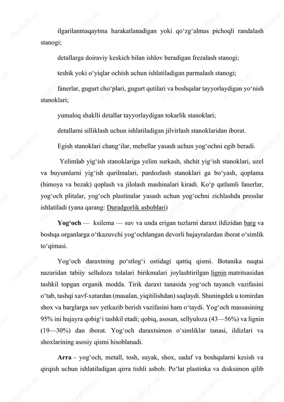 sadaf, sarbur, takchir, xatbur, chap, chingʻiza, shoh, beda arralar deb yuritiladi. texnika taraqqiy etishi bilan arralarning mexanik turlari yaratilgan. mexanik arralarning metall kesuvchi, taxta tiluvchi va daraxt kesuvchi xillari bor. taxta tiluvchi va metall kesuvchi arralar plastina (polotno)li, zanjirli va diskli boʻladi. oʻrmonda daraxtlarni agʻdarishda kerosin (benzin) bilan ishlaydigan arralardan foydalaniladi. yogʻoch, faner yoki yumshoq metalldan egri chiziqli shakldor buyumlar yasashda ishlatiladigan ramasimon arra lobzik deb ataladi. temir (lotincha: ferrum), fe — mendeleyev davriy sistemasining viii guruxiga mansub kimyoviy element. tartib raqami 26; atom massasi 55,847. temir 4 ta barqaror izotop: 54fe(5,84%), 56fe(91,68%), 57fe(2,17%) va 58fe(0,31%) dan iborat. temir qadimdan ishlatib kelingan. inson dastlab metiorit temirini bilgan. temirning qad. xalkdar tilida atalishi bunga dalildir: qad. misrliklar tilida "benipet" — "osmon temiri" maʼnosini bildiradi; qad. yunoncha sideros, lotincha sidus — yulduz, osmon jismi bilan bogʻlaydilar. mil. av. 14-asrlardagi xettlar yozuvida temir haqida osmondan tushgan metall deb eslanadi. roman tillarida temirning rumocha …
