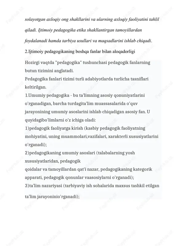 o'rganadi. maktabgacha pedagogika sohalariga maktabgacha ta’limdidaktikasi, maktabgacha ta’lim nazariyasi va metodikasi, maktabgacha yoshdagi bolalarnirivojlantirishning xalqaro standartlari, maktabgacha ta’lim va ta’lim sohasida mutaxassislarni kasbiy tayyorlash nazariyasi va amaliyoti kiradi); 4)maktab pedagogikasi (maktab yoshidagi bolalarni o'qitish va tarbiyalashning nazariy vaamaliy asoslari, tamoyillari, usullari, shakllari va vositalarini ishlab chiqadi. maktab pedagogikasigaquyidagilar kiradi: boshlang'ich maktab pedagogikasi, o'rta maktab yoshidagi pedagogika, katta maktab yoshidagi pedagogika); 5)kasb-hunar ta'limi pedagogikasi (malakali ishchilami tayyorlash qonuniyatlarini o'rganadi); 6)o'rta maxsus ta'lim pedagogikasi (maxsus ta’limning o'rta va yuqori darajalari chegarasidakasbiy tayyorgarlik nazariyasi va amaliyotini ishlab chiqadi); 7)oliy maktab pedagogikasi (kelajakdagi yuqori malakali mutaxassislarni o'qitish, tarbiyalashva rivojlantirish qonuniyatlarini o'rganadi); 8)androgogika (kattalami tarbiyalash, rivojlantirish va tarbiyalashning nazariy va amaliyasoslarini ishlab chiqadi); 9)uchinchi avlod pedagogikasi (pensiya yoshidagi odamlarni o'qitish, rivojlantirish, tarbiyalash tizimini ishlab chiqadi). 3maxsus pedagogika jismonan va aqlan rivojlanishida nuqsoni bor bolalar ta'lim- tarbiyasining shakl va vositalari, tamoyillari, metodlari va vositalari, nazariy asoslarini ishlab chiqadi. maxsus pedagogika defektalogiya va korreksion pedagogika deb ham …
