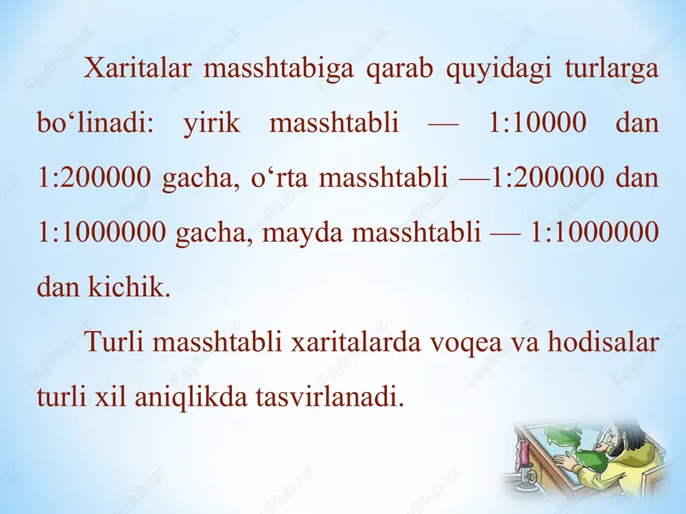 i 1 sm 10 km ga teng. xaritada ikki nuqta oralig‘i 4,5 sm ga teng. binobarin, 4,5 × 10 = 45 km yoki 45 000 m.