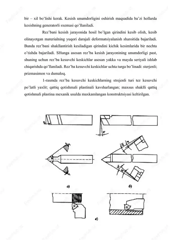 i orqa burchaklar (statika bo’yicha); r – rez’baning qadami; d – rez’baning diametri. o’ng kesuvchi qirrada oldingi burchak manfiy bo’lganligi uchun kesish sharoiti og’irlashadi va kesuvchi pona kuchsizlanadi. chap qirrada orqa burchak kichiklashib asbobning turg’unligini pasayishiga olib keladi. o’tkir burchakli rez’balarni keskichlar bilan ko’p o’tishli kesishda rez’baning profilini hosil qilish quyidagi uchta sxema bo’yicha bajarilishi mumkin (3-rasm): a) profilli – keskichni radial surish bilan; b) generatorli – keskichni zagotovka o’qiga nisbatan burchak ostida surish bilan; v) kombinatsiyalashgan – dastlabki ishlov berishda burchak ostida surish va toza ishlov berishda radial surish bilan. 2-rasm. katta ko’tarish burchagi ga ega bo’lgan rez’balarni kesishda strejenli kesikchlarni o’rnatish sxemalari: a – oldingi qirra zagotovkasining o’q bo’ylama yuzasida joylashgan; b – oldingi burchak rez’ba cho’lg’amlariga perpendikulyar joylashgan generatorli sxemaning afzalligi kesiluvchi qatlam qalinligini bir o’tishda 2 martagacha oshirish imkoniyatidir, bu bilan o’tishlar soni kamayadi. ushbu xolatda o’ng qirra yordamchi qirra ko’rinishida ishlaydi va ishlov berilgan yuzalarda …