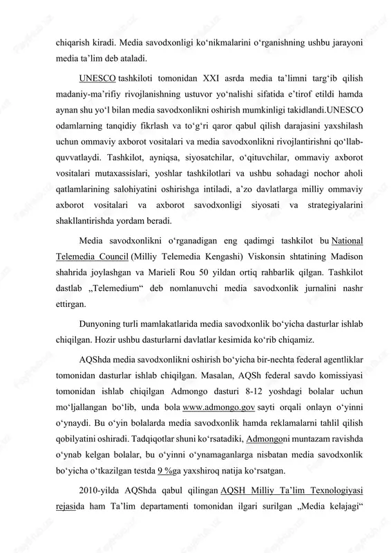 qaratilgan dasturlarni oʻz ichiga olar edi. ketrin t. makartur jamgʻarmasi ham raqamli media va taʼlim sohasidagi tadqiqotlar uchun 80 million dollardan koʻproq mablagʻ ajratib, turli tadqiqot va amaliy loyihalarni qoʻllab-quvvatladi. yana bir aqshdagi media savodxonlik darajasi va reklama tahlil qilish qobilyatini aholi orasida keng targʻib etib kelayotgan tashkilotlardan biri — media savodxonlikni oshirish milliy assotsatsiyasi hisoblanadi. bu tashkilot 1997-yildan buyon faoliyat olib boradi va namle konfrensiyasi, media savodxonlik haftaligi kabi dasturlari orqali media savodxonlikni targʻib qilib kelmoqda. kanadada media savodxonlikni targʻib etish va rivojlantirish xx asrning oxirlarida yuksala boshlandi. shimoliy amerikada taʼlim mavzusi sifatida ommaviy media savodxonlikka yondashuvning boshlanishi 1978-yilda ontarioda joylashgan association for media literacy (media savodxonlik uyushmasi) (aml) tashkil etilishi bilan bogʻliq. oʻsha vaqtgacha ommaviy axborot vositalarida oʻqitish odatda individual tarzda amalga oshirilgan. 1987-yilda ontario media savodxonligi assotsiatsiyasidan (aml) bir guruh oʻqituvchilar ontario hukumati uchun media savodxonlikning asosiy tushunchalarini ishlab chiqdilar. oʻsha paytda media savodxonlik 8-13-sinflar uchun ingliz …