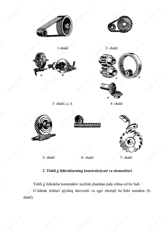 litishlar soni va val diametri burilgan bo`lish lozim. 9-shakl to`g`ri tishli silindrik g`ildiraklarni eskizini chizishda uning parametrlarini aniqlash uchun tishlar soni z ni sanab chiqish va shtangersirkul bilan cho`kkilar aylanasi diametri da ni o`lchab olish kerak. 10-shakl bu holda m quyidagi formulalar bo`yicha aniqlanadi. hisoblab olingan modul qiymati gost 9563-60 ga muvofiq yaxlitlanadi. 5. to`g`ri tishli konusaviy g`ildiraklar. to`g`ri tishli konusaviy g`ildirakning chizmasi (11-shakl., a) asosan silindrik g`ildirak chizmasini bajarish kabi bajariladi. konusaviy g`ildirak elementlari o`lchamlarini hisoblashda silindrik g`ildirakni hisoblashdagi formulalardan foydalinadi (1-jadvalga qarang) konusaviy g`ildirakni hisoblashda modulning maksimal (eng katta) qiymatini olinadi. 11-shakl konusaviy g`ildirakni o`ziga qarab eskizini chizishda birinchi navbatda, burchak o`lchagi ( ni o`lchash kerak (12-shakl). bunday o`lchashni qo`shimcha konus konturi sa yasovchisi ds ga perpendikulyar bo`lgan shartda bajariladi. 12-shakl so`ngra bo`luvchi konus burchagi hisoblab chiqariladi. (=900-( (=900-( shtangersirkul tishlar cho`qqilarining eng katta aylana diametri da ni ulchab va tishlar soni z ni sanab chiqib modul m …