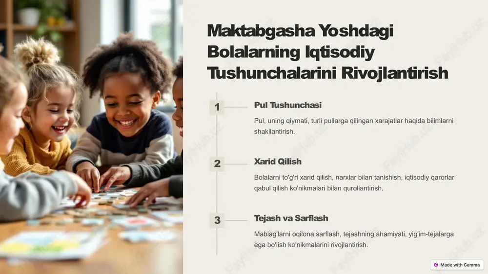 berish jarayonida pedagoglarning roli bilim va ko'nikmalari pedagoglar iqtisodiy tushunchalar, tarbiya metodlari bo'yicha chuqur bilim va ko'nikmaga ega bo'lishlari kerak. ijodiy yondashuv iqtisodiy tarbiya jarayonida ijodkorlik, yangilikka intilish, turli usullardan foydalana olish muhim. motivlovchi muhit yaratish bolalarni iqtisodiy tushunchalarni o'rganishga qiziqtirish, rag'batlantirish muhim tarbiya vazifasi. 9 xulosa va tavsiyalar maktabgasha yoshdagi bolalarning iqtisodiy tarbiyasi - ularning pul, xarid, tejash kabi tushunchalari va ko'nikmalarini rivojlantirishga qaratilgan jarayondir. bu sohada oila, jamiyat va maktabgacha ta'lim muassasalari hamkorlikda samarali ishlar amalga oshirishi lozim. maktabgacha yoshdagi bolalarni iqtisodiy tarbiyalashda zamonaviy yondashuvlar, interaktiv usullar, loyihalar, ekskursiyalar keng qo'llanilishi kerak. iqtisodiy tarbiya dasturlarini ishlab chiqish, pedagoglarni kasbiy jihatdan takomillashtirishga alohida e'tibor qaratilishi lozim. 10 image1.png image2.png image3.png image4.png image5.png image6.png image7.png image8.png image9.png image10.png image11.png image12.png image13.png image14.png image15.png image16.png image17.png
