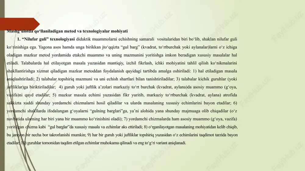 borlariga havola etiladi; 7) guruh a’zolari esse yuzasidan o‘z fikrlarini bildiradilar. mashg‘ulot uchun materiallar i. talabalar uchun topshiriq. quyida berilgan savollar asosida suhbat tashkil eting. 1. “tarbiya” tushunchasi qanday ma’noni anglatadi? 2. tarbiyani tashkil etishdan qanday maqsad ko‘zlanadi? 3. tarbiya jarayonida qanday vazifalar hal qilinadi? 4. “ijtimoiy tarbiya” deganda nimani tushunasiz? 5. ijtimoiy tarbiya qanday turlarni o‘z ichiga oladi? 6. pedagoglik qanday kasb? 7. tarbiya jarayoni qanday qonuniyatlarga tayanadi? 8. tarbiya jarayonining o‘ziga xos xususiyatlari nimalarda iborat? ii. talabalar uchun topshiriq. ijtimoiy tarbiya turlarini ko‘rsating va ularning mohiyatini ochib bering. bu o‘rinda talabalar sanab juftlik asosida “nilufar guli” texnologiyasiga muvofiq chuyidagi topshiriqlarni bajaradilar: 1. ijtimoiy tarbiya turlarini ko‘rsatish. 2. ijtimoiy tarbiyaning har bir turiga xos asosiy xususiyatlar belgilash. 3. ijtimoiy tarbiyaning har bir turini samarali shakllarini ko‘rsatish. 4. ijtimoiy tarbiyaning har bir turini samarali tashkil etishda qo‘llaniladigan metodlarni belgilash. 5. ijtimoiy tarbiyaning har bir turini samarali tashkil etishga xizmat qiluvchi …