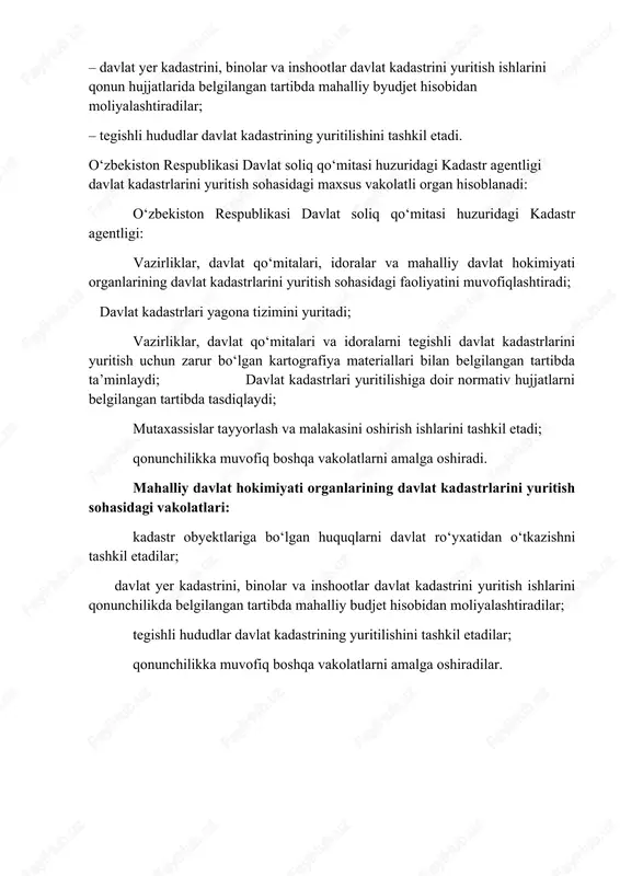 t soliq qo‘mitasi huzuridagi kadastr agentligi: vazirliklar, davlat qo‘mitalari, idoralar va mahalliy davlat hokimiyati organlarining davlat kadastrlarini yuritish sohasidagi faoliyatini muvofiqlashtiradi; davlat kadastrlari yagona tizimini yuritadi; vazirliklar, davlat qo‘mitalari va idoralarni tegishli davlat kadastrlarini yuritish uchun zarur bo‘lgan kartografiya materiallari bilan belgilangan tartibda ta’minlaydi; davlat kadastrlari yuritilishiga doir normativ hujjatlarni belgilangan tartibda tasdiqlaydi; mutaxassislar tayyorlash va malakasini oshirish ishlarini tashkil etadi; qonunchilikka muvofiq boshqa vakolatlarni amalga oshiradi. mahalliy davlat hokimiyati organlarining davlat kadastrlarini yuritish sohasidagi vakolatlari: kadastr obyektlariga bo‘lgan huquqlarni davlat ro‘yxatidan o‘tkazishni tashkil etadilar; davlat yer kadastrini, binolar va inshootlar davlat kadastrini yuritish ishlarini qonunchilikda belgilangan tartibda mahalliy budjet hisobidan moliyalashtiradilar; tegishli hududlar davlat kadastrining yuritilishini tashkil etadilar; qonunchilikka muvofiq boshqa vakolatlarni amalga oshiradilar. 3 - amaliy ish. o‘zbekiston respubli kasi vazirlar ma hkamasining davlat kadastrlarini yuritish sohasidagi vakolatlari. maxsus vakolatli organning davlat kadastrlarini yuritish sohasidagi vakolatlari. mahalliy davlat hokimiyati organlarining davlat kadastrlarini yaratish va yuritish sohasidagi vakolatlari bilan …