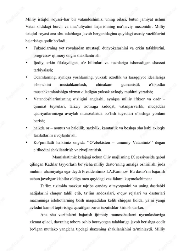 xsning shakllanishini ta‘minlaydi. milliy g'oya‘ni ruyobga oshirish jarayonida uzluksiz ta‘lim tizimlarini, ko‘prok halk pedagogikasida, o‘yinlarda va shu kabilarda o‘z aksini topgan progressiv milliy, ma‘naviy – axloqiy kadriyatlar va normalarni qayta tiklash, rivojlantirish hamda hozirgi hayotga, o‘quv – tarbiya ishlariga joriy etish bilan chambarchas bog'liqdir. har bir insoning shaxsi ta‘lim, ijtimoiy muhit ta‘sirida shakllanadi. natijada u ijtimoiy jixatdan ahamiyatli bo‘lgan vazifalarni bajaradi,ijtimoiy rolni o‘zlashtirib oladi, o‘zining qiziqishi, qobiliyatini ijodiy muloxaza qilib ko‘radi, jamiyatning boshqa a‘zolari bilan mustaqil munosabatga kirishadi va shu tariqa shaxsning ijtimoiylashuvi yuz beradi. ijtimoiy pedagogika ma‘naviy – ma‘rifiy faoliyatning alohida sohasi sifatida uning ommaviyligi, barcha aholi o‘rtasida milliy istiqlol g'oyalarini targ'ibot – tashviqotini keng olib borish imkoniyatini beradi. ijtimoiy pedagogika predmeti san‘atdan shaxsga ta‘sir etadigan g'oyaviy –emotsional vositalar kompleksidan keng foydalanish bilan fark qilib turadi. ijtimoiy pedagogika o‘zbekistonda ham, dunyodagi boshqa mamlakatlarda ham uzoq va chukur an‘analarga ega. shunga karamay sovet davrida ijtimoiy pedagogika yutuqlari e‘tiborga olinmadi. bunday …