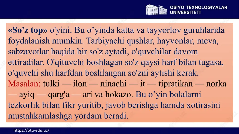 angli buklangan qog'ozlar tarqatiladi. ularga hayvon va parrandalar nomi yozilgan bo'ladi. tarbiyachi bolalarga qog'ozda rasmi berilgan hayvon yoki parranda qanday tovush chiqarsa, ular ham shunday tovush chiqarib o'z guruhini topishlarini tushuntiradi. 1. mushuk (miyov-miyov). 2. kuchuk (vov-vov). 3. xo'roz (qu-qu-qu-qu). 4. sigir (mo'-mo'). guruhga bo'linib olganlaridan so'ng guruhga tegishli hayvon yoki parrandalar haqida bilganlarini so'zlab beradilar. image2.png image3.png image4.png image5.png image6.png image7.png image8.png image9.png image10.png image11.png image12.png image13.png image14.png image15.png image16.png image17.png image18.png image19.png image20.png image21.png image22.png image23.png image24.png image25.png image26.png image27.png image28.png image29.png image30.png image31.png image1.jpg /docprops/thumbnail.jpeg