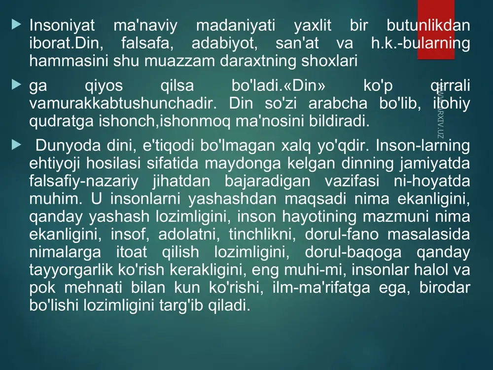 falar boshqaradilar. shu munosabat bilan ham musulmonlar davlati tarixda «arab xalifaligi» deb nom olgan. dastlab arab xalifaligi katta hududni egallagan edi. o'rta osiyo yerlari — movarounnahr viii asr boshlaridan viii asr o'rtalarigacha arablar tomonidan fath etilib, ular bilan birga islom dini kirib keldi. islom dini turonga arab xalifaligining amiri qutayba ibn muslim va askarlari to­monidan 705—715-yillarda yoyilgan. arab fotihlari bosib olingan yerlarda xalqni islom diniga kirita boshladilar. arablar islom dinini tarqatishda turli usullardan foydalandilar. jumladan, islom dinini qabul qilganlar soliqlardan ozod etilgan. ana shu davrdan bosh-lab o'rta osiyo mintaqasida islom madaniyati va ma'rifati o'ziga xos ravishda shakllandi hamda taraqqiyot bosqi-chini bosib o'tdi. prezident islom karimov mdhxorijiy muxbirlar xalqaro uyushmasi a'zolari bilan suhbatida shunday degan edi: «islom dini mutaassib din emasligiga iymonim komil.qur’onni yaxshi bilgan kishi bu ilohiy kitobda insonparvarlik, tinchlik, osoyishtalik va boshqa dinlarga murosa bilan qarash targ'ib qilinishini juda yaxshi biladi... islom dini insonni gunohlardan forig' qilishiga ishonaman... shu …