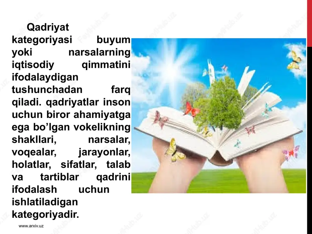 ham, millat - o’zining qadriyatlarini vujudga keltirib, ularning yangi - yangi qirralarini va jihatlarini sayqallashtirib, rataqqiyot jarayonida atkomillashtirib turi-shi ma‘nosida o’z qadriyatlarining haqiqiy egasi, makon va zamondagi ilgarilanma harakatdan iborat o’zgarishlar jarayonida ularni o’tmishdan kelajakka atmon yetkazib boradigan eng asosiy ob‘ektdir» . www.arxiv.uz milliy qadriyatlarning negizini urf - odatlar, rasm -rusumlar, bayramu-sayillar atshkil eatdi. o’zbek milliy qadri-yatlari mazmunida insonparvarlik g’oy-alari yoatdi. uzoq atrix davomida o’zbeklarning o’zaro munosabatlarida, kundalik turmush atrzida o’zaro hamkorlik va hamdardlik, vafodorlik va o’zaro hurmat, biri - biriga suyanish va yaxshi qo’shnichilik, bolajonlik va oat - onaga hurmat, mehr - oqibat va sadoqat har tomonlama e‘zozlanib kelinadi. milliy qadriyatlar o’sha mil-latga mansub har bir kishi tomonidan yaratilgan, insoniylik, odamiylikka xos fazi-latlar, xislatlar, xosiyatlarni milliy - madaniy meros xazinasiga qo’shgan hissasini ifodalovchi buyuk ko’rsatkichdir. www.arxiv.uz milliy qadriyatlarni tiklash - ularga hozirgi zamonga mos yangi mazmun ato etish demakdir. xuddi shuning uchun ham, o’zbekiston davlat musatqilligiga erishishi bilan mamlakatimizga …