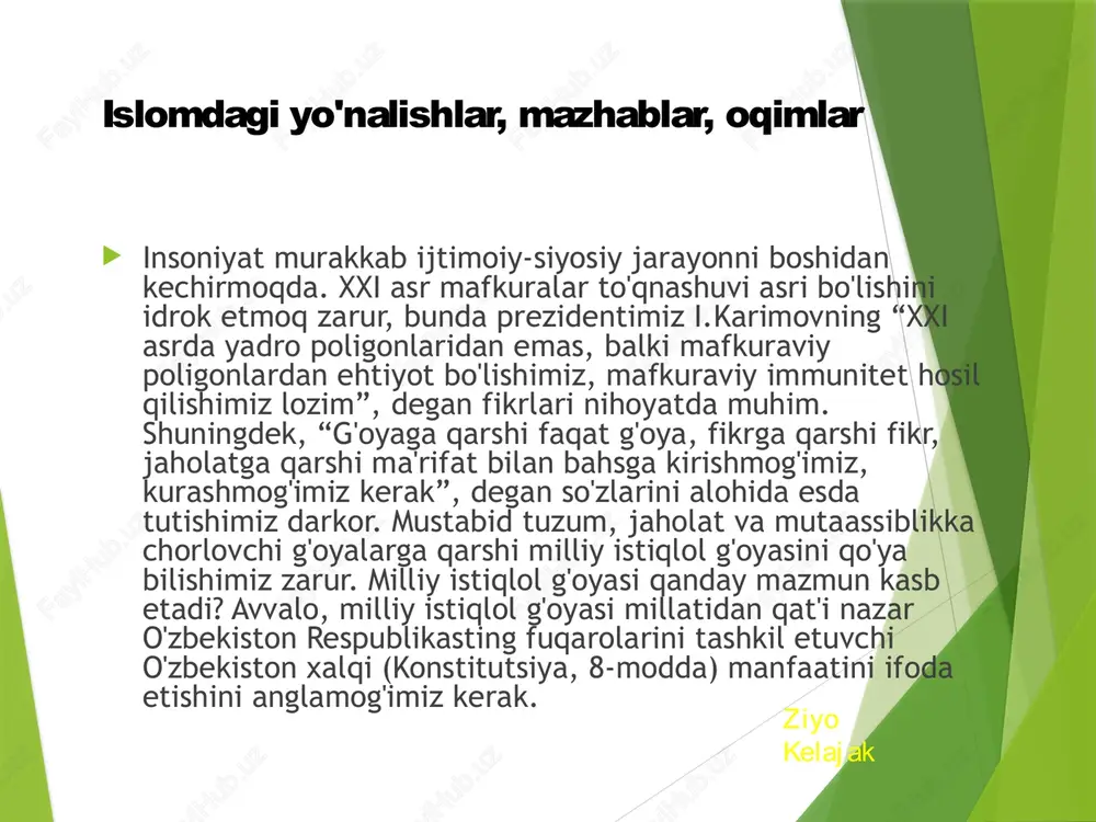 lingan. shaxsiy huquq doirasida abu hanifa erkin qizcha vositachisiz turmushga chiqishini ruxsat berdi, biroq keyinchalik hanafiy mazhabi bu huquqni faqat ilgari erga tekkan ayolga kafolatladi. abu hanifa fikricha, balog'at yoshiga yetgan inson mustaqil bo'lib, o'z mulkini o'zi xohlagan tarzda tasarruf etishi mumkindir. www.arxiv.uz ziyo kelajak molikiy mazhabi bu mazhab arabiston yarim orolida rivoj topib, dastlab hijoz yoki madina mazhabi sifatida nomlangan va uning aqoidi ko'pinchalik umar ibn xattob, abdulloh ibn umar, zayd ibn sobit, payg'ambarimiz (s.a.v.) amakilari abbos va umr yo'ldoshlari oisha faoliyatlari bilan bog'lanadi. mashhur namoyondalar orasida ja'far as-sodiq (vaf. 765 y.) ham bo'lib, keyinchalik u shialikning ja'fariya mazhabiga nom bergan. www.arxiv.uz ziyo kelajak ziyo kelajak www.arxiv.uz shofe'iy mazhabi bu mazhab jug'rofiy mintaqa mahsuli bo'lmasdan, ikki o'zga mazhab bilan yaqindan tanish, payg'ambar ajdodi hoshimning akasi al-muttalib avlodidan bo'lgan muhammad ibn idris ibn al-abbos ibn usmon ibn shofe'iy uning asoschisi bo'ldi. shofe'iy 767 yili falastin (g'azza)da tug'ilib, 820 yili misrda …