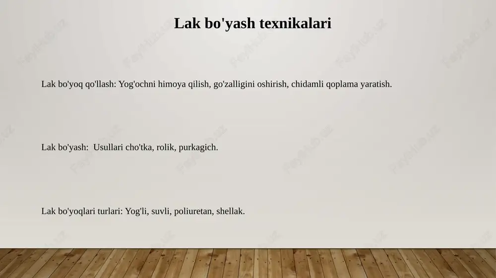 ac lak shellac lakı mebel, musiqa asboblari, pollar va boshqa sirtlarni yakunlashda keng qo'llaniladi va himoya qiluvchi va estetik jihatdan yoqimli qoplama beradi. u shuningdek, floklar, suyuq eritmalar va oldindan aralashtirilgan lak shaklida mavjud bo'lib, turli xil qoplamalar va qo'llanish usullarini taklif etadi. shellac lak bug'idan olingan tabiiy qatron bo'lib, chidamliligi, suvga chidamliligi va iliq amber rangi bilan mashhur. lak turlari ular mebel, pollar va kemalar uchun yog'och, metall va boshqa materiallarda qo'llaniladi. laklar sirtlarni namlikdan, tirnalishdan va uv nurlaridan himoya qiladi. yog'li, suvli va poliuretan laklar keng tarqalgan turlari hisoblanadi. neft asosidagi lak keng tarqalgan turlari - poliuretan, alkid va tung moyli laklar. qo'llanilishlar: mebel, pollar va tashqi yog'och. qo'llanilishlar: mebel, pollar va tashqi yog'och. varnish nima? laklar odatda yog'och yuzalar, mebellar, pollar, qayiqlar va himoya va dekorativ qoplamani talab qiladigan boshqa buyumlarga qo'llaniladi. laklarning turlari neft asosidagi, suv asosidagi va poliuretan bo'lib, har biri o'ziga xos xususiyatlarga va …