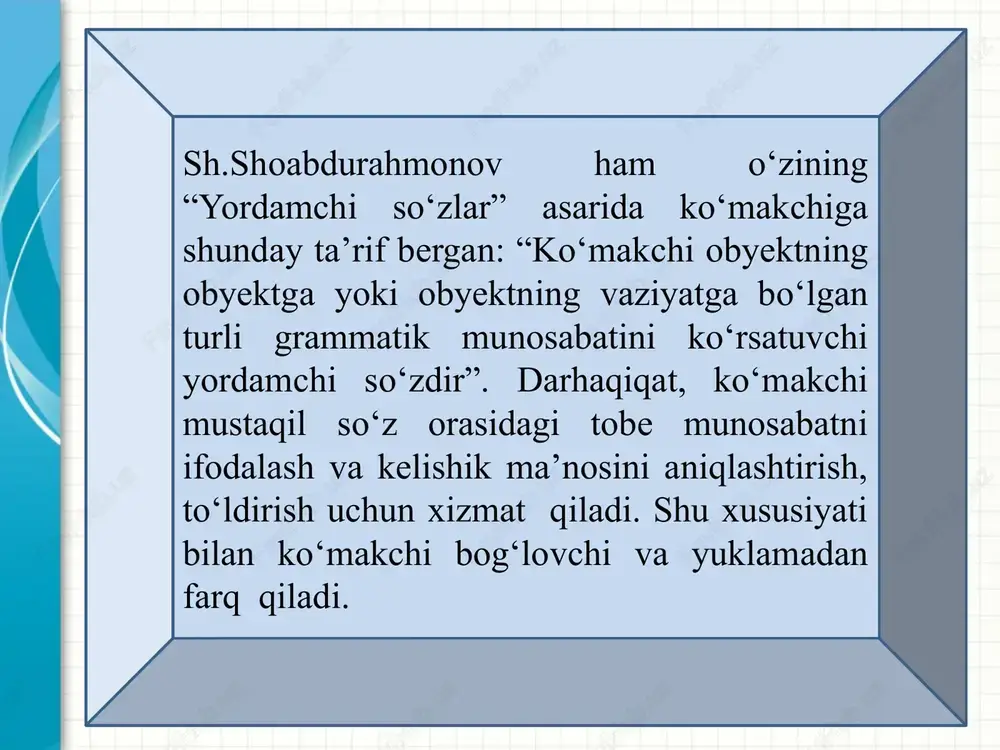 necha xil ma'no ifodalashi mumkin. masalan, "bilan" ko'makchisi: 1. birgalik: xolam bilan keldim. 2. payt: qishi bilan moskvaga qatnadim. 3. holat: diqqat bilan tinglang. 4. vosita: xatni ruchka bilan yozdim. 5. sabab: seni maslahating bilan shu ishga qo'l urdim. 6. to'siqsizlik: gapirganim bilan hecham ta'sir qilmaydi. "uchun" ko'makchisi: 1. sabab: yaxshi o'qiganim uchun yuqori natija ko'rsatdim. 2. maqsad: yuqori natija olish uchun yaxshi o'qish kerak. 3. atalganlik: bu gullarni siz uchun oldim ko'makchi va qo'shimchalar ma'nodoshligi ko'makchilar vazifasiga ko'ra kelishik qo'shimchalariga yaqin turadi. shu sababli ular o'zaro sinonimlik hosil qiladi va birining o'rnida ikkinchisini qo'llash mumkin bo'ladi. masalan: ruchkada yozdim – ruchka bilan yozdim; onamga oldim – onam uchun oldim; uyalganidan kirmadi – uyalgani sababli kirmadi. maktabga ketdi – maktab tomon ketdi. shaharga tarqaldi – shahar bo'ylab tarqaldi. shuningdek, kabi, singari, yanglig', misoli ko'makchilari o'xshatish ma'nosida qo'llanuvchi -dek, -day qo'shimchalari bilan ma'nodosh hisoblanadi. masalan, qushdek – qush kabi; pariday – …