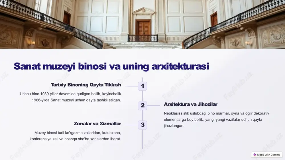 1 yetuk va boy kolleksiya nukus davlat sanat muzeyi o'rta osiyoning yirik san'at markazlaridan biri hisoblanadi. 2 zamonaviy yondashuvlar turizmni rivojlantirish uchun muzeyning raqamli imkoniyatlarini kengaytirish, yangi dasturlarni taklif qilish lozim. 3 kelajakdagi rejalar yaqin yillarda yangi ekspozitsiya va ko'rgazmalar, qo'shimcha infratuzilma va xamda xalqaro hamkorlikni kengaytirish zarur. 10 image1.png image2.png image3.png image4.png image5.png image6.png image7.png image8.png image9.png image10.png image11.png image12.png image13.png image14.png image15.png image16.png image17.png image18.png image19.png