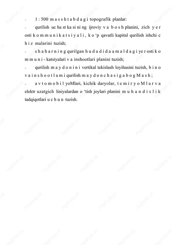 , m u h a n d i s l i k tayyoriash v a h u d u d l a m i k o ‘k a l a m - zorlashtirishni loyihalash; — s h a h a r n i n g aloh id a t u m a n l a r i planini tuzish, s h a h a m i n g q u r i l m a g a n h u d u d i n i batafsil planirovkasi loyihasini tuzish; — qishloq aholi punktlarining birinchi navbat qurilish obyektlarini joylashtirish, obodonlashtirish v a qayta qurish loyihasini tuzish; — s a n o a t korxonalari texnik loyihalarini tuzish; — q a z i l m a boyliklar zaxirasini qidirib topish; zaxira m i q d o r i n i hisoblash ma qs ad la ri da ; — y e …