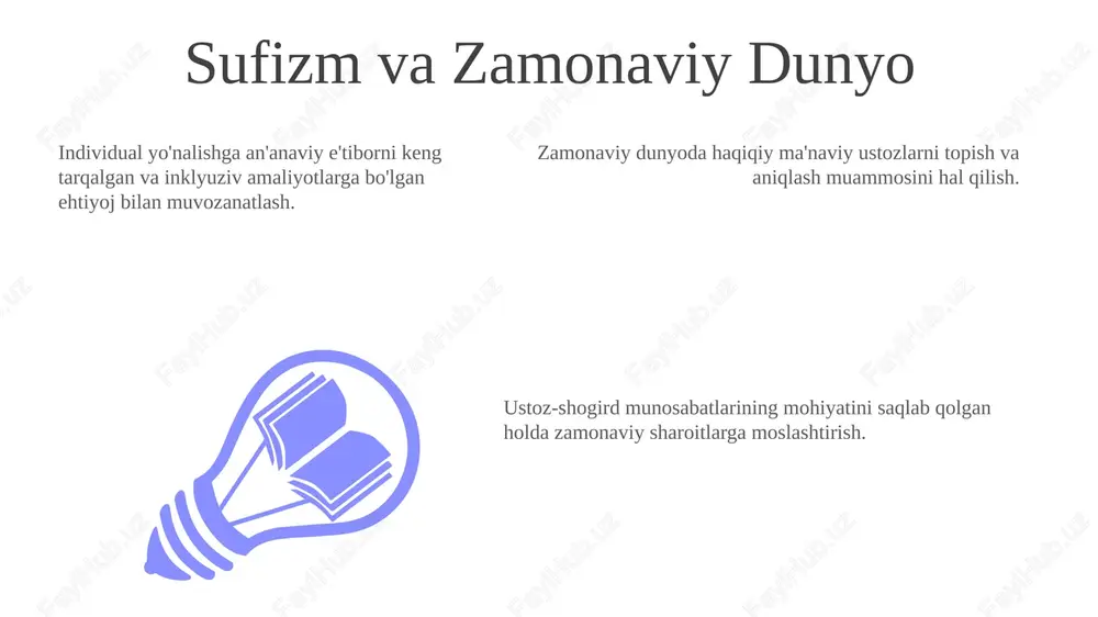 ega. tarixiy kontekst va evolyutsiya add text add text add text add text add text add text bu muammolarni hal qilishda sufi yo'lining asosiy qadriyatlarini hurmat qilgan holda, zamonaviy haqiqatlarni diqqat bilan hisobga olish kerak. sufizmda ustoz-shogird an'anasi asrlar davomida turli tarixiy ta'sirlar va ijtimoiy kontekstlar ta'sirida rivojlangan. bu an'anani zamonaviy sharoitlarda qo'llashda ierarxiya, suiiste'mol qilish xavfi va haqiqiy ustozlarni topishda qiyinchiliklar kabi muammolar paydo bo'ladi. marosimlar va amaliyotlarning roli 01 02 03 sufizmning doimiy ahamiyat va jonliligiga erishish uchun an'anaviy amaliyotlarni zamonaviy haqiqatlar bilan muvozanatlash muhim. sufi ruhiy rivojlanishida marosimlar va amaliyot markaziy o'rin tutadi, ular o'zini tarbiyalash va ilohiy bilan bog'lanish uchun ramka yaratadi. zamonaviy sufiylikda ustoz-shogird an'anasini qo'llash haqiqiylik, madaniy kontekst va hokimiyatni suiiste'mol qilish xavfi kabi muammolarni keltirib chiqaradi. sales 1st qtr 2nd qtr 100 0 sales 1st qtr 2nd qtr 100 0 sales 1st qtr 2nd qtr 100 0 munosabatning axloqiy jihatlari hokimiyat dinamikasi: hokimiyatni …