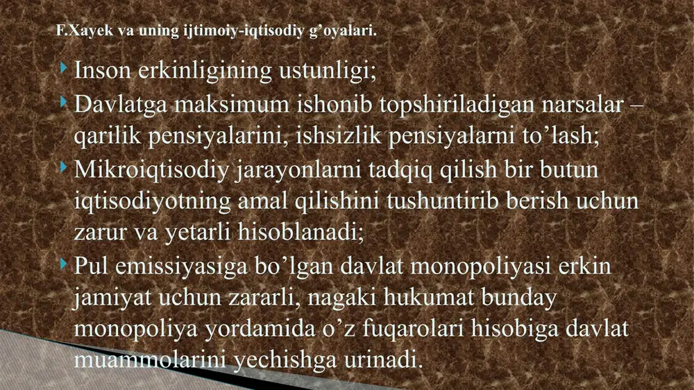 amal qilish qoidalarini o‘rnatishi va ularni hayotga tatbiq etishi, xo‘jalik –ishlab chiqarish faoliyati bilan esa shug‘ullanmasligi kerak,deb ko‘rsatib o‘tadi. davlat to‘g‘ridan–to‘g‘ri tartiblash yo‘li bilan hal qilib bo‘lmaydigan vazifalarni, iqtisodiyotga doimo aralashuvni o‘z zimmasiga olmasligi kerak. ijtimoiy adolat va erkin raqobat prinsiplari mujassamlashgan “ijtimoiy yo‘naltirilgan bozor xo‘jaligi”ga asos solgan iqtisodchilardan biri l. erxard (1897-1977y.) hisoblanadi. lyudvig erxard (1897-1977) asosiy asari “barcha uchun farovonlik” l. erxardning iqtisodiy islohotlari quyidagicha tavsiflanad: germaniya iqtisodiyoti “jiddiy tuzilmaviy qayta qurishga muhtoj” deb ko‘rsatib beradi va real vaziyatdan kelib chiqqan holda to‘g‘ri ish yuritish zarurligini ta’kidlaydi. bozor iqtisodiyotidan rejali iqtisodiyotga o‘tish asosiy muammo hisoblanmaydi, chunki “balanslashuvga moyil iqtisodiyotdan qaytish oson”, ammo “rejali iqtisodiyotni erkin bozor iqtisodiyotiga aylantirish juda katta qiyinchiliklar bilan bog‘liq”, chunki tabiiy muvozanatdan chetga chiqqan iqtisodiyotga birdan, o‘tish davrisiz, erkin bozor imkoniyatlarini yaratib berish qiyin, - deb ko‘rsatadi. l. erxardning iqtisodiy islohotlari quyidagicha tavsiflanadi. 1948 yili mamlakatda o‘tkazilgan pul va bank islohoti keyingi barcha chora …