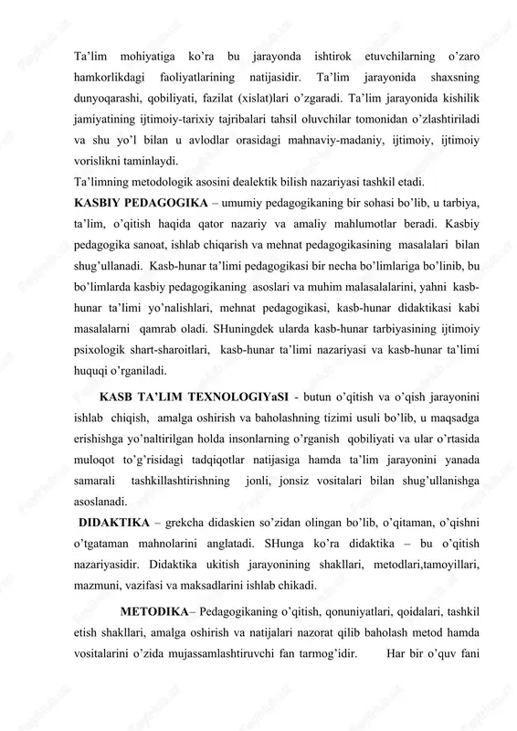 hug’ullanishga asoslanadi. didaktika – grekcha didaskien so’zidan olingan bo’lib, o’qitaman, o’qishni o’tgataman mahnolarini anglatadi. shunga ko’ra didaktika – bu o’qitish nazariyasidir. didaktika ukitish jarayonining shakllari, metodlari,tamoyillari, mazmuni, vazifasi va maksadlarini ishlab chikadi. metodika– pedagogikaning o’qitish, qonuniyatlari, qoidalari, tashkil etish shakllari, amalga oshirish va natijalari nazorat qilib baholash metod hamda vositalarini o’zida mujassamlashtiruvchi fan tarmog’idir. har bir o’quv fani o’qitish sohasi o’rgatishning vazifalari, mazmuni, metodlari va tashkiliy ko’rinishi haqidagi metodika asosida quriladi. o’qitish metodikasi - bu turli usullar tizimi bo’lib, o’quv-didaktik materiallardan foydalanish orqali belgilangan maqsadga erishish uchun nazariy dars va amaliy mashg’ulotlar paytida qo’llaniladigan usullar majmuasidir. kasbiy ta’lim metodikasi ijtimoiy hayotning mahlum sohasida faoliyat ko’rsatish uchun zarur bo’lgan bilim, amaliy ish-harakat usullarini shakllantirish qonuniyatlari, qoidalari, shakl, metod va vositalari hamda mazmuni haqidagi pedagogikaning muhim tarmog’idir. metod– iborasi (yunoncha-methodas-tadqiqot yoki bilish yo’li, nazariya, ta’limot mahnosini anglatib) voqelikni bilish, o’zlashtirish, o’zgartirish usullari majmuasidir. metod aslida insonning amaliy faoliyati negizida vujudga kelgan. metod …