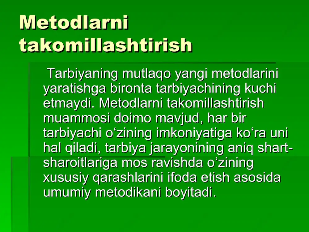 igini isbotlangan. halq pedagogikasi halq pedagogikasi namunalari, tarbiya metodlari va tarbiyaviy ta’sirlar muayyan vositalar yordamida qo‘llanilgan. mehmon kutish, mehmonga borish, turli mehnat jarayonlari, hasharlar, turli gurunglar (choyhona, to‘y marosimlari), sayillar, oilaviy an’analar (tug‘ilgan kun, fuqarolik pasporti, umumiy o‘rta, o‘rta maxsus hamda oliy ma’lumotga egalik to‘g‘risidagi attestat va diplom, shuningdek, davlat mukofotlarini olish kabi holatlarni nishonlash) va musobaqalar o‘ziga hos tarbiya vositasisanaladi. ijtimoiy ongni ijtimoiy ongni shakllantiruvchi metodlar o‘quvchilarda ma’naviy-axloqiy sifatlar, e’tiqod hamda dunyoqarashni shakllantirish maqsadida ularning ongi, his-tuyg‘usi va irodasiga ta’sir ko‘rsatish usullari sanaladi. bu guruh usullarining mohiyati shundaki, ular orqali o‘quvchilar ongiga jamiyatda ustuvor o‘rin tutuvchi ijtimoiy g‘oya va maqsadlar singdiriladi. yoshlar dunyoqarashini shakllantirish, ularning hayot mazmunini tushunib olishlariga ko‘maklashish uchun ijtimoiy ongni shakllantiruvchi usullar qo‘llaniladi. o‘quvchilarda g‘oyaviy ongl o‘quvchilarda g‘oyaviy onglilik va ijtimoiy faollik, ya’ni, davlatning ichik va halqaro siyosati mazmunini tushunish va idrok qilish ko‘nikmalarini tarbiyalash lozim. tushuntirish ijtimoiy ongni shakllantirishda eng ko‘p ishlatiladigan usuldir. tushuntirishning vazifasi …