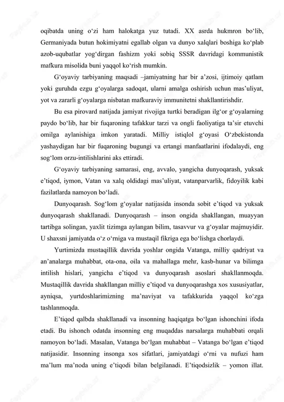 iyat va tafakkurida yaqqol ko‘zga tashlanmoqda. e’tiqod qalbda shakllanadi va insonning haqiqatga bo‘lgan ishonchini ifoda etadi. bu ishonch odatda insonning eng muqaddas narsalarga muhabbati orqali namoyon bo‘ladi. masalan, vatanga bo‘lgan muhabbat – vatanga bo‘lgan e’tiqod natijasidir. insonning insonga xos sifatlari, jamiyatdagi o‘rni va nufuzi ham ma’lum ma’noda uning e’tiqodi bilan belgilanadi. e’tiqodsizlik – yomon illat. chunki, hech narsaga ishonmaydigan, maqsad-maslagi noma’lum, iymonsiz kishi nafaqat o‘ziga, balki atrofdagilarga ham ziyon yetkazadi. e’tiqodli odam, eng, avvalo, foydali, yaxshi amallar bilan shug‘ullanadi, yolg‘on gapirmaydi. bir narsani bajarishga kirishsa, butun kuch va iqtidorini shunga sarflaydi, boshlagan ishini oxiriga yetkazadi. haqiqiy e’tiqod egasi ilmga tashna, aniq maqsad bilan yashaydigan, har tomonlama barkamollikka intiladigan bo‘ladi. e’tiqod shaxsda jur’at, mardlik, fidoyilik, qat’iyatlik, halollik, insonparvarlik, vatanparvarlik kabi fazilatlarni shakllantiradi. tug‘ilib o‘sgan yerni muqaddas deb bilish, kindik qoni to‘kilgan tuproqni asrash, vatan ravnaqi yo‘lida vijdonan mehnat qilish – iymonlilikdir. iymon arabcha so‘z bo‘lib, ishonch degan ma’noni anglatadi. u e’tiqod …
