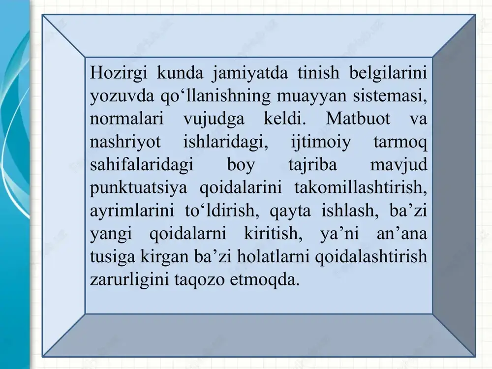 belgilarining ishlatilishidagi individual stilga — ayrim bir yozuvchining stiliga xos tomonlarni ham oʻz ichiga oladi. differensiatsiya prinsipi bu prinsip yozuv texnikasi, formasi bilan bevosita aloqadordir. tinish belgilarining ilmiy asarlarda, baʼzi hujjatlarda (maktublar, eʼlonlar, radio va televideniye programmalari, kitob titullarida), havolalarda, manbalarda qoʻllanishi koʻproq shu prinsipga asoslanadi. yozma nutqni soddalashtirish va qisqartirishda, tinish belgilarining qoʻsha qoʻllanishidagi tartib va sistemani belgilashda, yozma nutq qismlarining chegarasini aniqlashda, farqlashda differensiatsiya prinsipi ahamiyatlidir. hozirgi yozuvimizda qoʻllanuvchi tinish belgilarining umumiy miqdori oʻnta boʻlib, ularning har biri oʻz grafik shakliga ega; ular yozma nutqda maʼlum maqsadlar uchun ishlatiladi va aniq bir vazifani bajaradi. har bir tinish belgi oʻz funksiyasi va qoʻllanish oʻrniga egadir. tinish belgilarini qoʻllanish oʻrni jihatidan quyidagicha guruhlash mumkin: 1. gap oxirida qoʻllanuvchi tinish belgilari: nuqta, soʻroq va undov belgilari; 2. gap ichida qoʻllanuvchi tinish belgilari: vergul; 3. aralash holda qoʻllanuvchi tinish belgilari: 1) gap boshida va oʻrtasida qoʻllanuvchilar: tire; 2) gap oxirida va oʻrtasida …