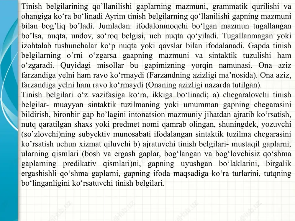 iq bayon qilishda, uning uslubiy ravonligi, tez tushunilishini ta’minlashda benihoya zaruriy vositadir. punktuatsiya yozma fikrni aniq va to`g`ri, mantiqli va ifodali, ravon va tushunarli hamda maqsadga muvofiq bayon qilishda muhim ahamiyatga ega. savodxonlikni oshirish va yuksak nutq madaniyatini egallashda orfografiya, orfoepiya qonun-qoidalari qanchalik ahamiyatli bo`lsa, punktuatsiyani bilish ham shunchalik qimmatga molik ekanligini tushuntirish, kurs ishining maqsadlardan biri o`quvchilarning so`z boyligini oshirish, fonetika to’g’risidagi dastlabki tushunchalarni berish, ko’nikma va malakalar hosil qilish. hozirgi kunda punktuatsiyaning roli ortib, uning funktsiyasi va qo`llanish doirasi kengayib bormoqda. punktuatsiya ( punktum – nuqta) – “nuqtalar ilmi” demak. qadimgi latin, grek va got yozuvlarida so`zlar ba'zan bo`sh joy (interval), ba'zan esa nuqtalar vositasida bir-biridan ajratilgan. yozuvda so`zlarni nuqtalar bilan ajratish o`rta osiyo xalqlarining oromey (eramizning i asrigacha), turkiy runik yozuv yodnomalari (v – viii asrlar) da ham qisman uchraydi. qadimgi yozuvlardagi bu usul – so`zlarning nuqtaishorasi vositasida ajratish usuli – hozirgi punktuatsion usul deb yuritiladi. punktuatsiya …