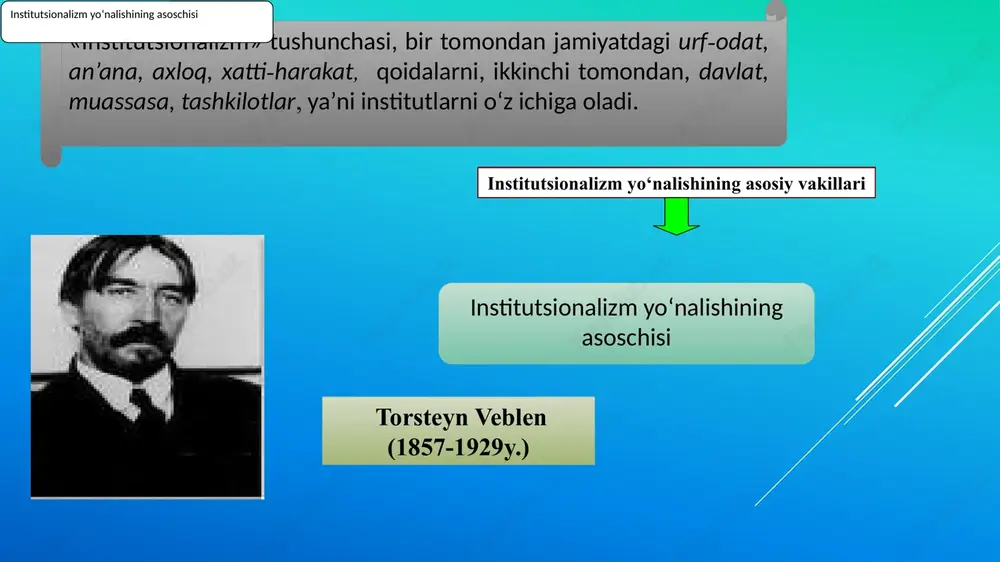 hilarini qoniqtiradigan kelishuvlar tuzish yo‘li bilan ixtilofni yechish ko‘rinishida tavsiflash mumkin. b i t i m nizo o‘zaro ta’sir yechim uesli mitchell (1874-1948y.) asosiy asarlari «iqtisodiy sikllar» (1913), «iqtisodiy nazariya turlari to‘g‘risida leksiyalar» (1935), «iqtisodiy sikllarni o‘lchash» (1946 hammualliflikda), «iqtisodiy sikllar davrida nimalar yuz beradi» (1951, o‘limidan keyin) u.mitchellning asosiy konseptual g‘oyalari shundan iboratki, u: iqtisodiy (moliya, kredit, pul muomalasi) va noiqtisodiy (psixologik, sotsial, axloq, xulq, fe’l-atvor) omillarning o‘zaro bog‘liqligini va o‘zaro ta’sirini aniqlab beradi. madaniy va sotsial-psixologik omillarni hisobga olgan holda davlatning pul, kredit va moliya sohalariga aralashuvi zarur deb hisoblaydi. iqtisodiy sikllar to‘g‘risidagi asosiy g‘oyalar: - har bir krizis va har bir sikl betakror hisoblanadi, chunki ularning asosida bir emas, balki bir qator sabablar yotadi deb ko‘rsatib beradi; - iqtisodiyotni davlat tartibga solishining har xil variantlari yordamida krizissiz sikl konsepsiyasini asoslab beradi; - majburiy emas, balki tavsiyali xarakterdagi rejalarni ishlab chiquvchi maxsus davlat rejalashtirish organlarini tuzish siklli tebranishni …