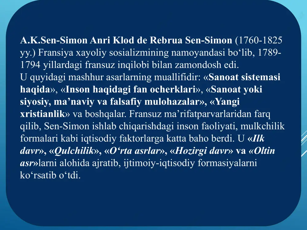 ilda epikur falsafasi to‘g‘risida universitet dissertatsiyasini topshirib, kursni bitirdi 1842-yili k.marks bonnga ko‘chib keldi va shu yilning oktabrida «reyn gazetasi»ning bosh muharriri bo‘ldi va bonndan kyolnga ko‘chib o‘tdi. 1843-yili birdaniga bir qancha voqealar sodir bo‘ldi: u muharrirlik qilgan gazeta yopildi, nemis baronining qizi jenni fon vestfalenga uylandi, parijga ko‘chib o‘tdi. keyingi ikki yil (1844-1845) k.marks uchun iqtisodiy nazariyani, falsafani chuqur o'rganishning boshlanish davri boidi. u g.geyne, p.prudon, m.bakuninlar bilan tanishdi, f.engels bilan do‘stlashdi. k.marks 1845—1848-yillari bryusselda bo‘ldi. 0 ‘sha yillari f.engels bilan hamkorlikni davom ettirgan holda «nemis idealogiyasi» va «kommunistik partiya manifesti»ni yozdi. u 1848-yili germaniyaga kyoln shahriga keldi va «yangi reyn gazetasi»ga rahbarlik qildi. u o‘zining gazetasida 1849-yili «yollanma mehnat va kapital» asarini chop etdi. shundan so‘ng germaniyadan surgun qilindi va boshqa bu yerga qaytib kelmadi. k.marks aw al parijga keldi, u yerda bir oz vaqt turgandan keyin londonga borib, umrining oxirigacha (1850-1883) shu yerda yashadi. k.marks «kapitabga yozgan …