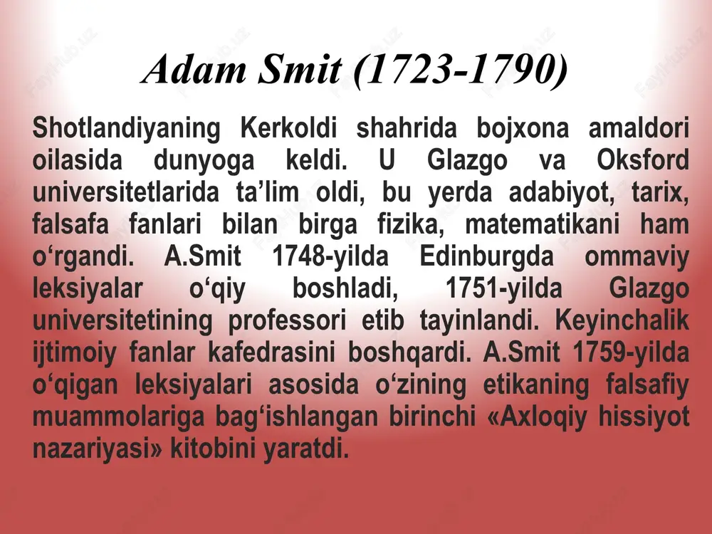 ish asosiy maqsad bo‘lsa, unda pul harakatsiz qolib ketadi, bu esa ushbu pulga ishlab chiqarish yoki sotib olish mumkin bo'lgan mahsulotlarning kamayib ketishiga olib keladi. pul jamiyat boyligini ko‘paytirishda muhim omil bo‘lib xizmat qiladi. a.smit kapitalni tahlil qilgach, ishlab chiqarishning o‘sishi, manufaktura sanoatining yaratilishi kapital faoliyati natijasi ekanligini ko‘rsatib beradi. u kapital, deganda maxsus ishlab chiqarish fondlarini, ishlab chiqarish vositalari, ishlab chiqarishning moddiy omillarini tushungan. a.smit kapitalni asosiy va aylanma kapital turlariga ajratib 130 ko‘rsatadi. muomalada bo‘ladigan kapital aylanma kapital, muomalada amal qilmaydigan kapital asosiy kapital nomini olgan. a.smit bo‘yicha asosiy kapital ham, aylanma kapital ham boylik yaratadi adam smitning iqtisodiy erkilik prinspi va ko’rinmas qo’l nazariyalari jamiyatdagi mehnat taqsimoti odamlami bir-birlari bilan bog‘lab turuvchi va ularga mahsulot va resurslami almashtirish imkonini beruvchi mexanizmning bo‘lishini taqozo etadi. bunday mexanizm bozor hisoblanadi. bozor to‘g‘risida a.smit ta’limotidagi asosiy g‘oya iqtisodiy liberalizm g‘oyasi, davlatning iqtisodiyotga aralashuvini minimallashtirish g‘oyasi, erkin raqobat asosida tashkil topadigan …