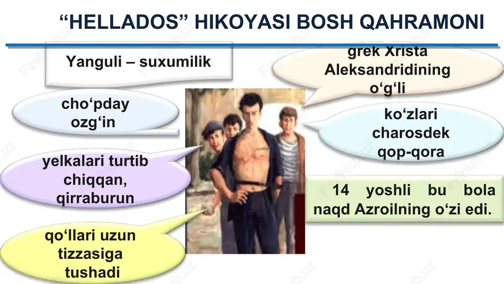 sheni deda vatire! – deya o‘zg‘irlik qildim men. u to‘xtab, ma’yus nigoh bilan uzoq tikilib turdi… men dong qotib qoldim. – ko‘rdingmi quyon bo‘lganini?! endi xo‘jayinlik qilolmaydi! – dedim kokaga. – nega so‘kinmadi bo‘lmasa!? – kecha oyingni surishtirgan edi: kim, qayerda... shu ondan boshlab yanguli o‘n baravar ulg‘ayganday bo‘ldi mening nazarimda. oramizda g‘animlik bo‘lmaganidek, yaqin do‘st ham bo‘lolmadik u bilan. uchrashib qolganimizda bir-birimizga jilmayib, qo‘l silkib qo‘yardik, xolos. * mening vatanim, elladam bu – suxumi – qandoq tushuntirsamikin... – deya gap boshladi u nihoyat. – onam yo‘q, hatto eslolmayman ham. otam uzzukun tomorqada yoki tirikchilik tashvishida... men ko‘chada, venetsian ko‘chasida katta bo‘ldim... mening vatanim, mening elladam bu – suxumi, ko‘cha, chalbash; bu – koka, petya, kurlika, fema, qora dengiz, ko‘prik... – u bir yutinib olib, davom etdi: – bu – mida... a’zoyi badanim jimirlashib ketdi. bunaqa so‘zlarni umrimda birinchi marta eshitayotgan edim. * bu–naqsh, vatan–ichkariroqda, naq yurakning o‘zida! bu nima …